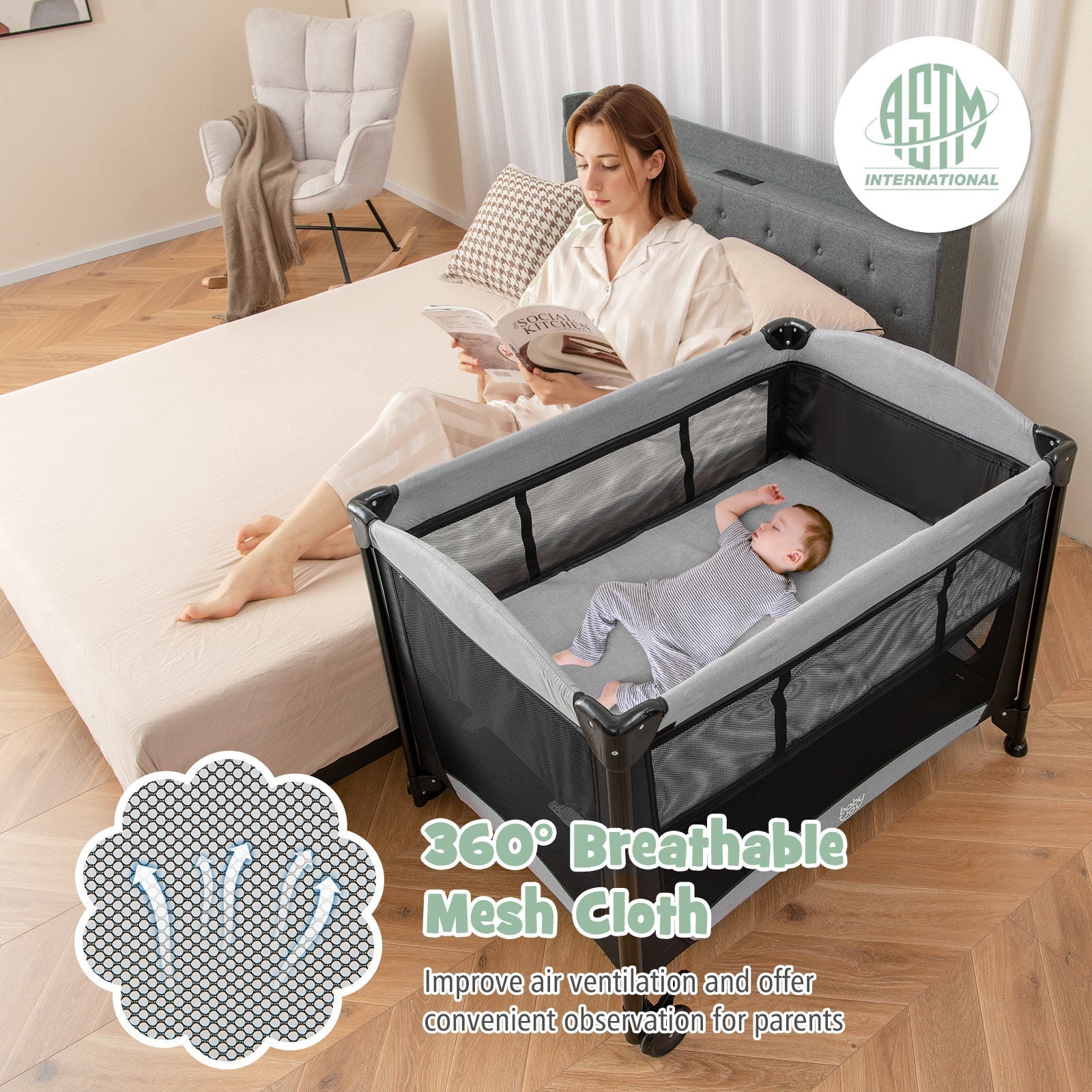 5-in-1 Portable Baby Playard with Cradle and Storage Basket