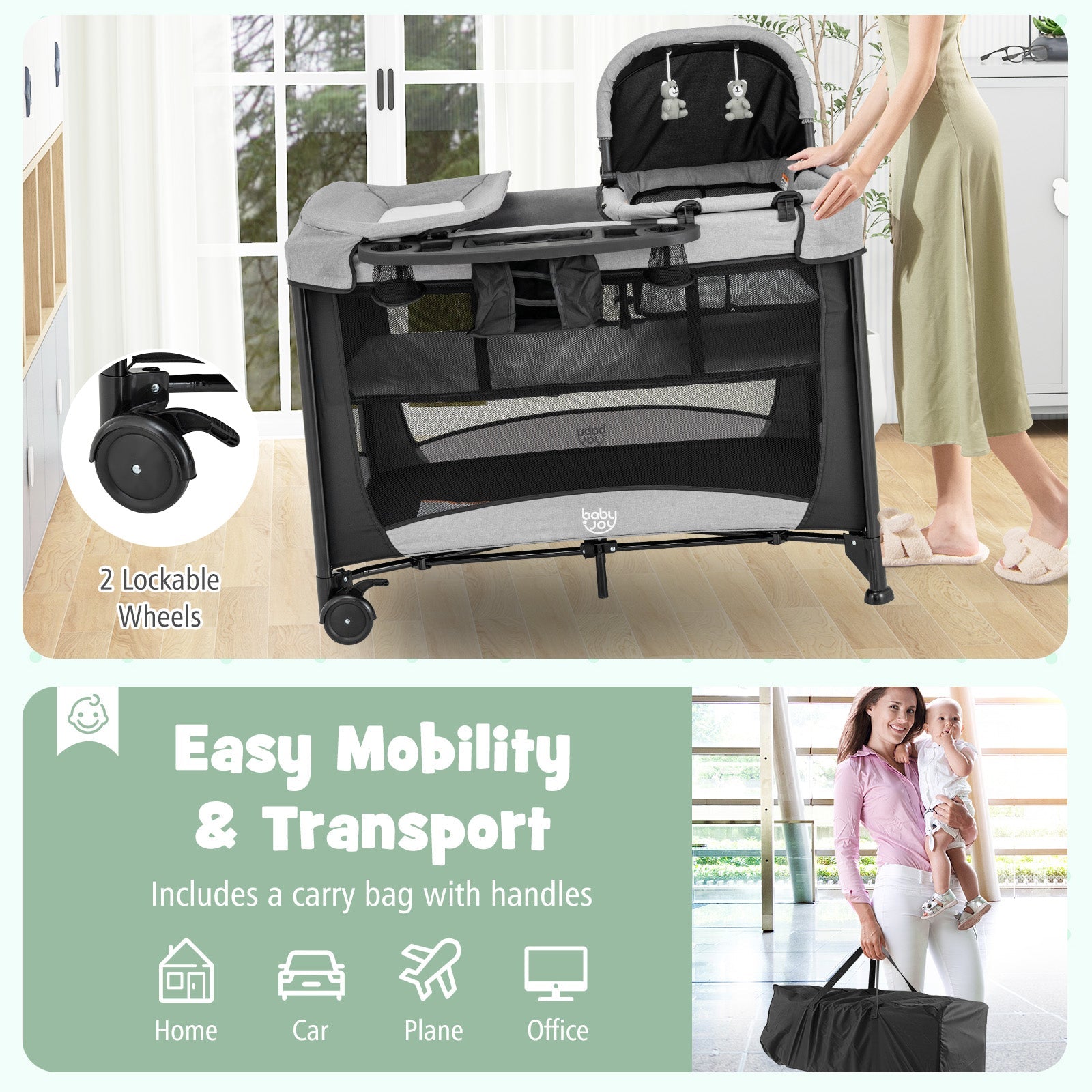 5-in-1 Portable Baby Playard with Cradle and Storage Basket