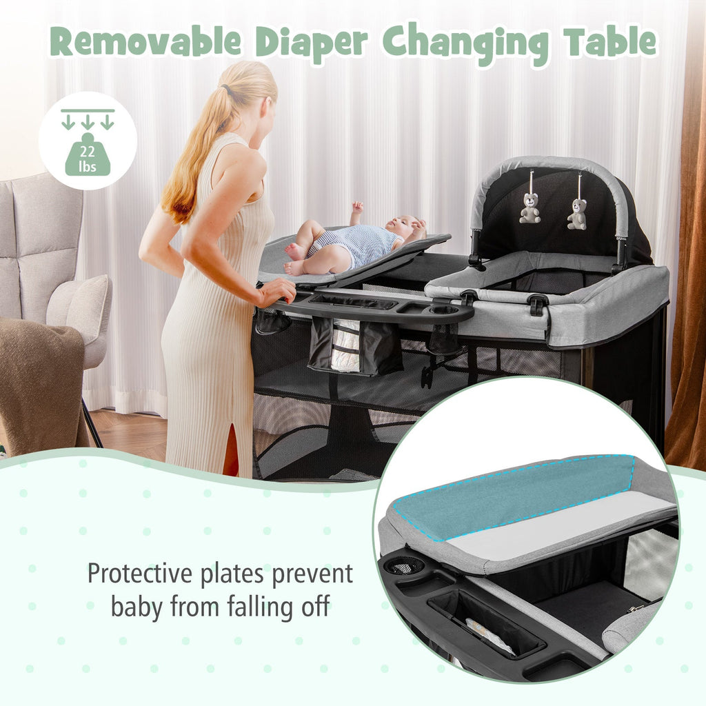 5-in-1 Portable Baby Playard with Cradle and Storage Basket