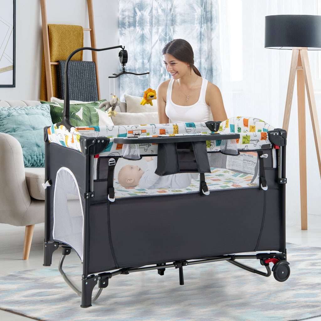 5-in-1 Baby Nursery Center Foldable Toddler Bedside Crib with Music Box