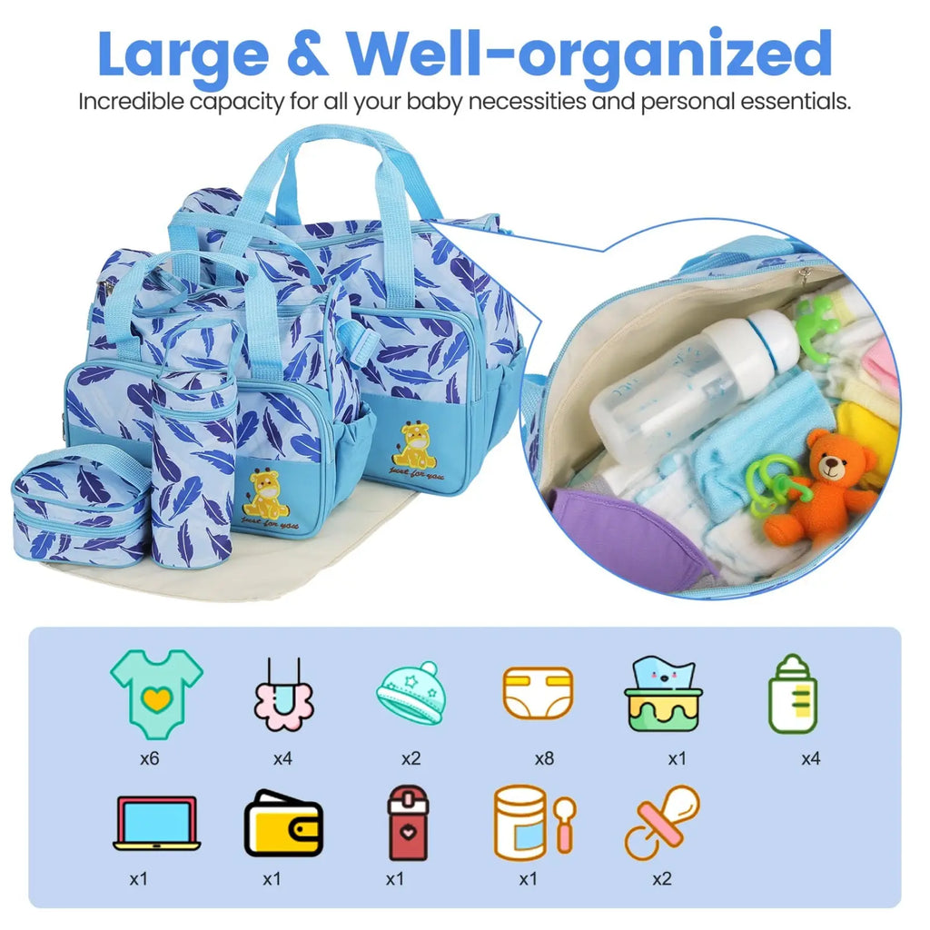 5Pcs Baby Nappy Diaper Bags Set Mummy Diaper Handbags With Diaper Pad Food Bag Bottle Bag Travel Tote Bags For Mom Dad