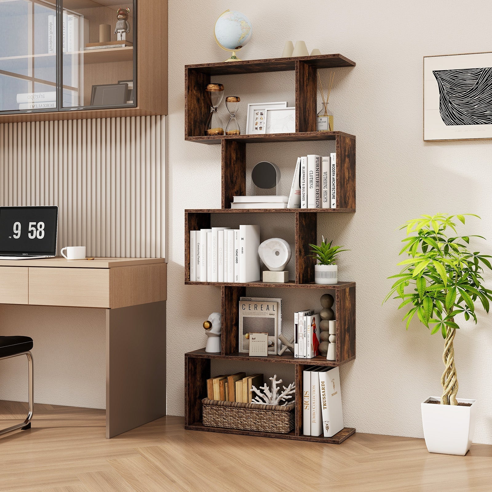 5-Tier Bookshelf with Anti-Toppling Device for Living Room Home Office