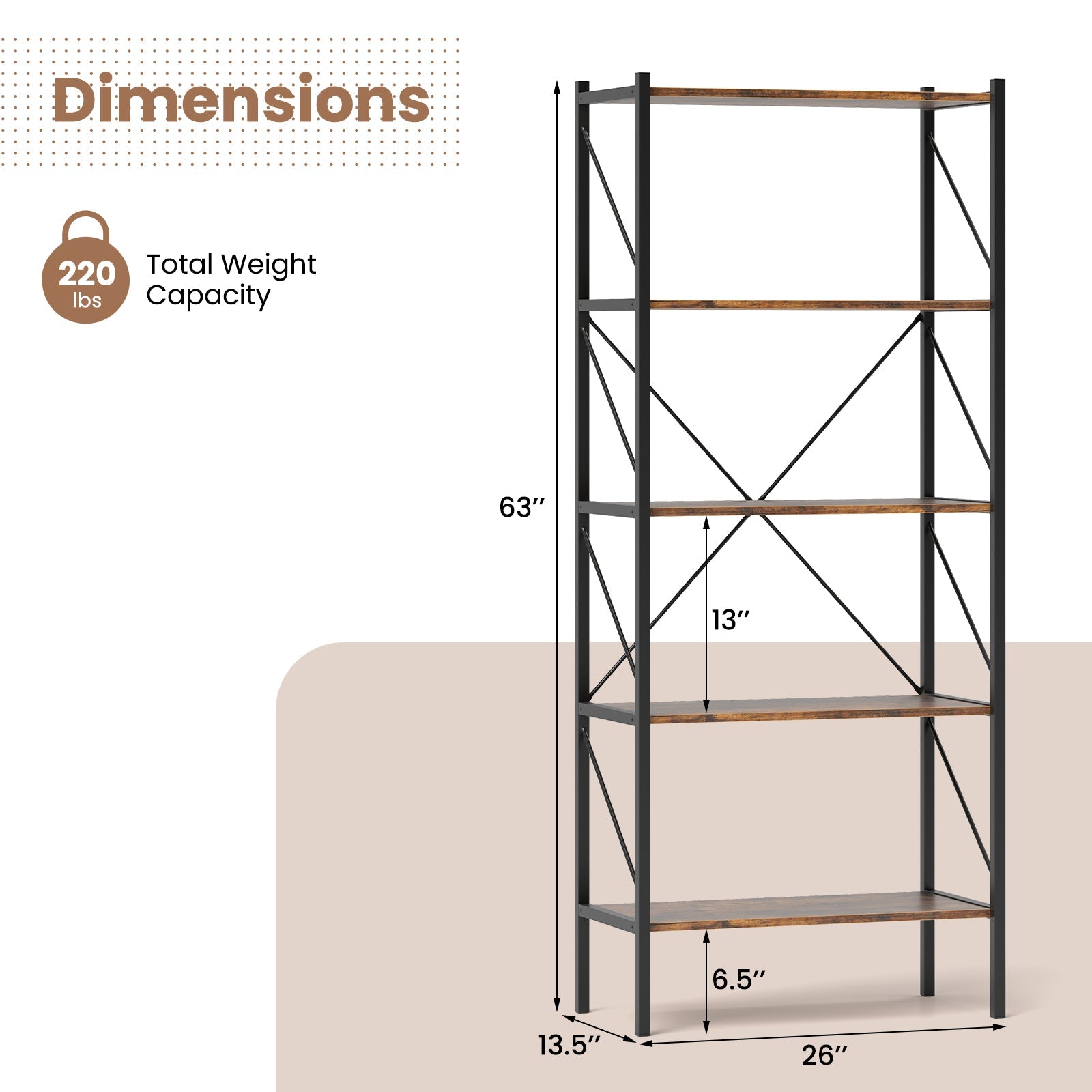 5-Tier Bookshelf with Open Shelves and Heavy Duty Metal Frame
