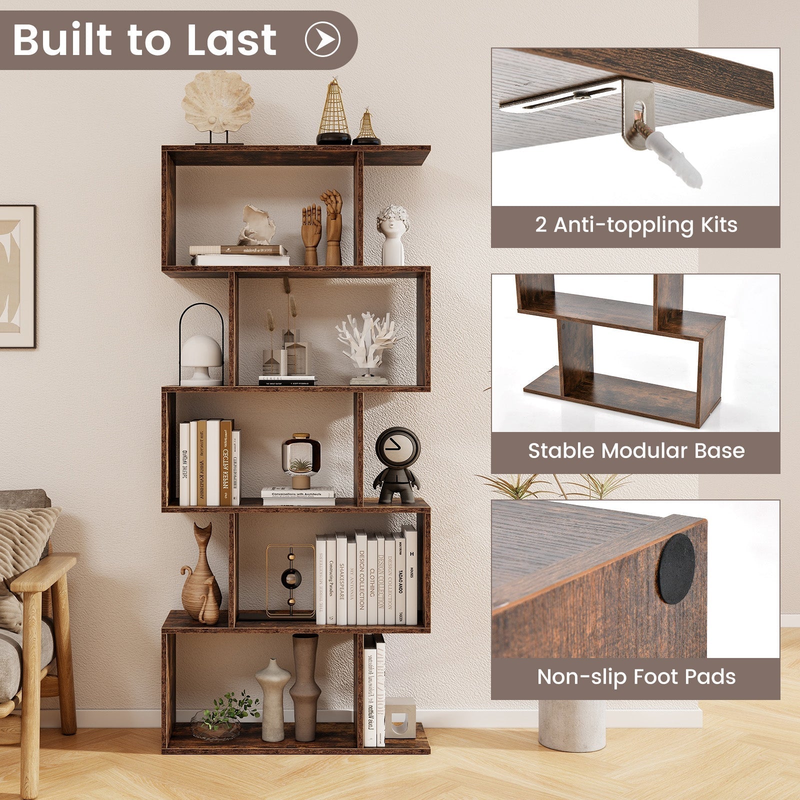 5-Tier Bookshelf with Anti-Toppling Device for Living Room Home Office