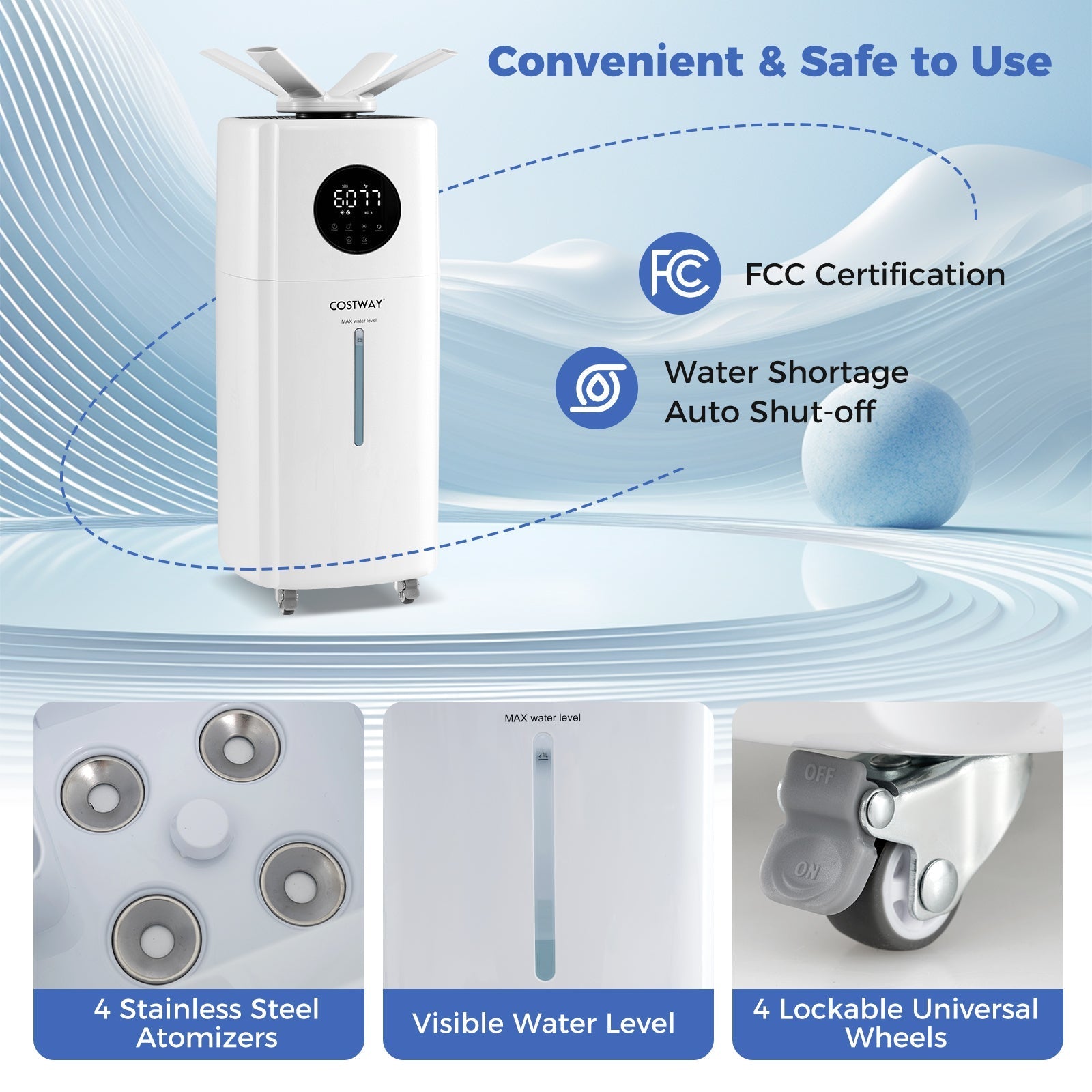 5.5Gal Humidifier with 360¬∞ Nozzles and Wheels for Large Room-White