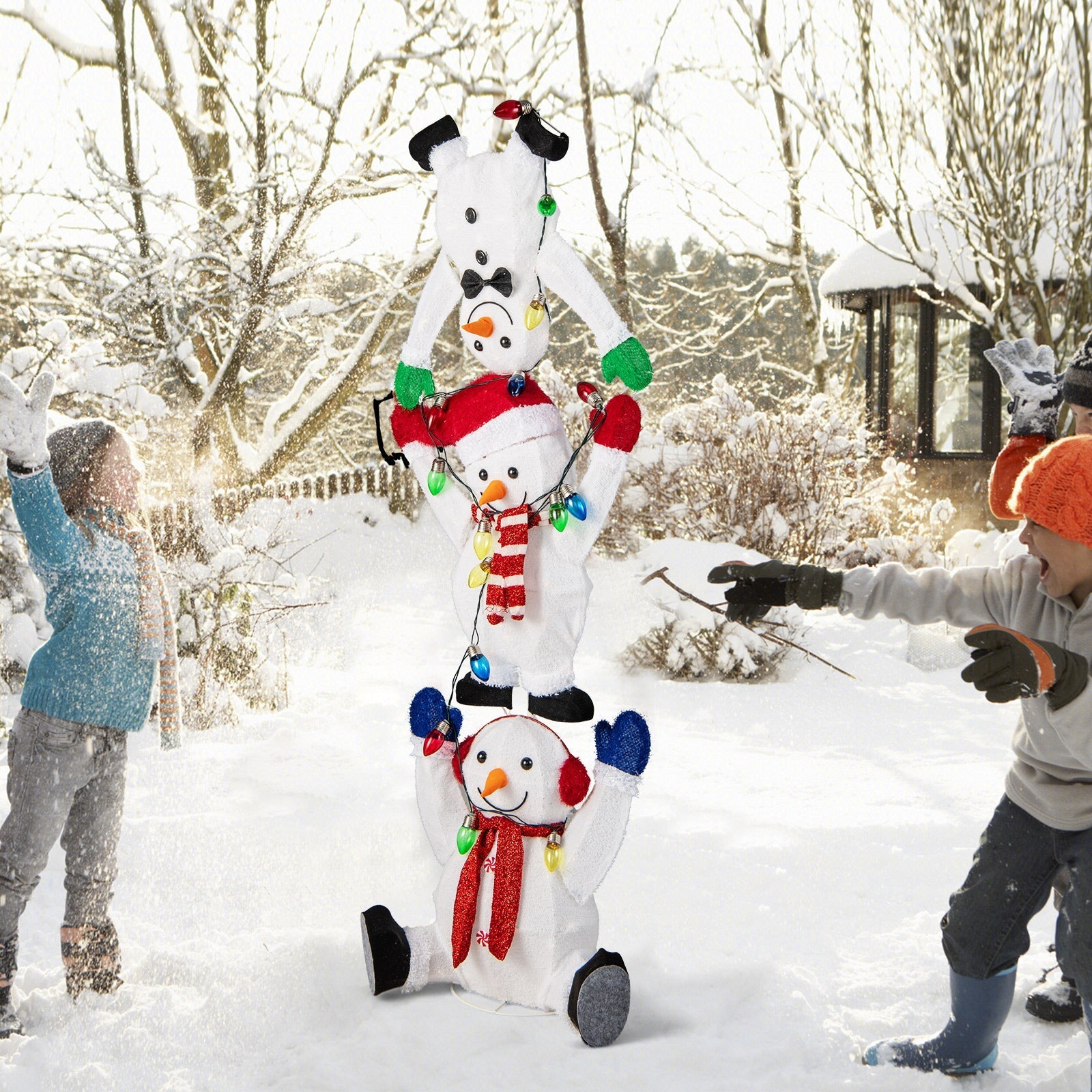 5.6 Feet Lighted Stacked Snowmen Christmas Decoration