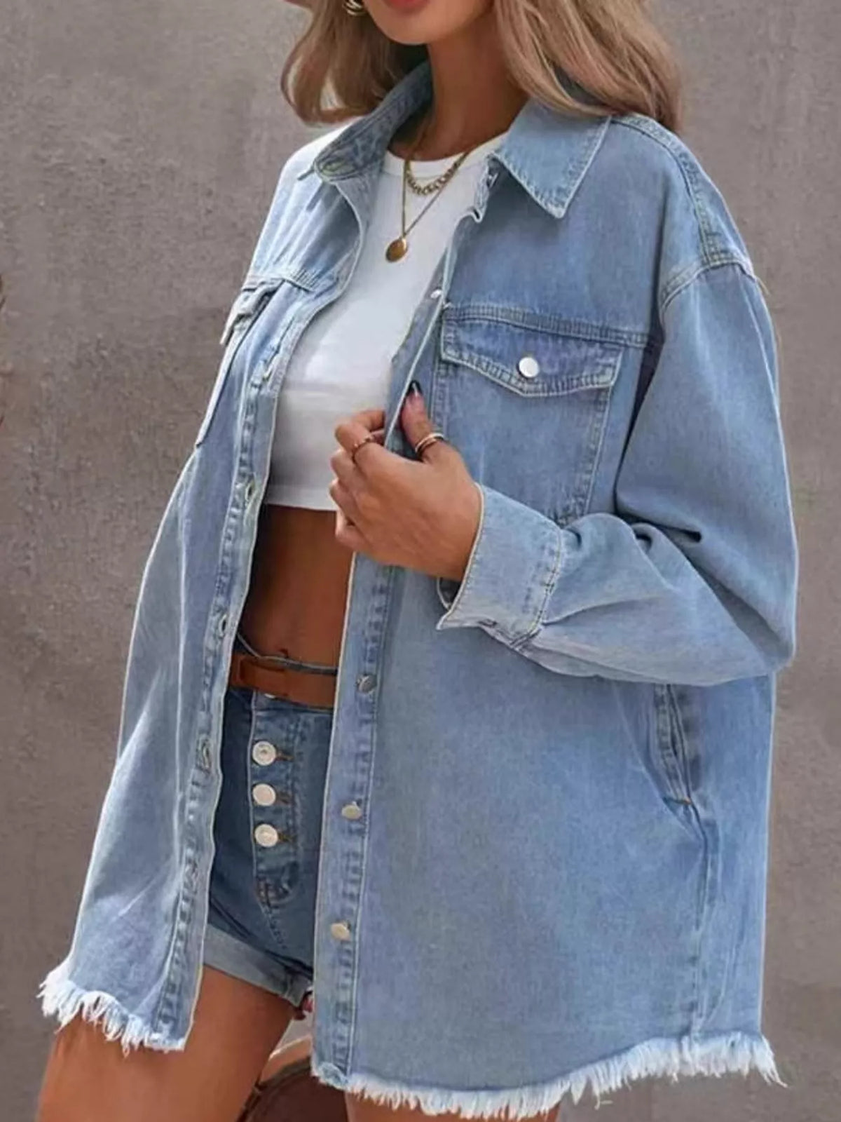 Raw Hem Button Up Denim Jacket