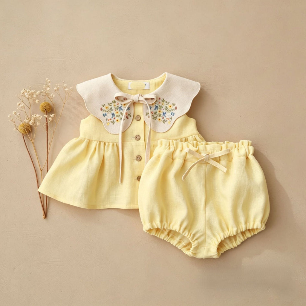 Childrens Sleeveless Embroidered-Neck Top And Shorts Two-Piece Set