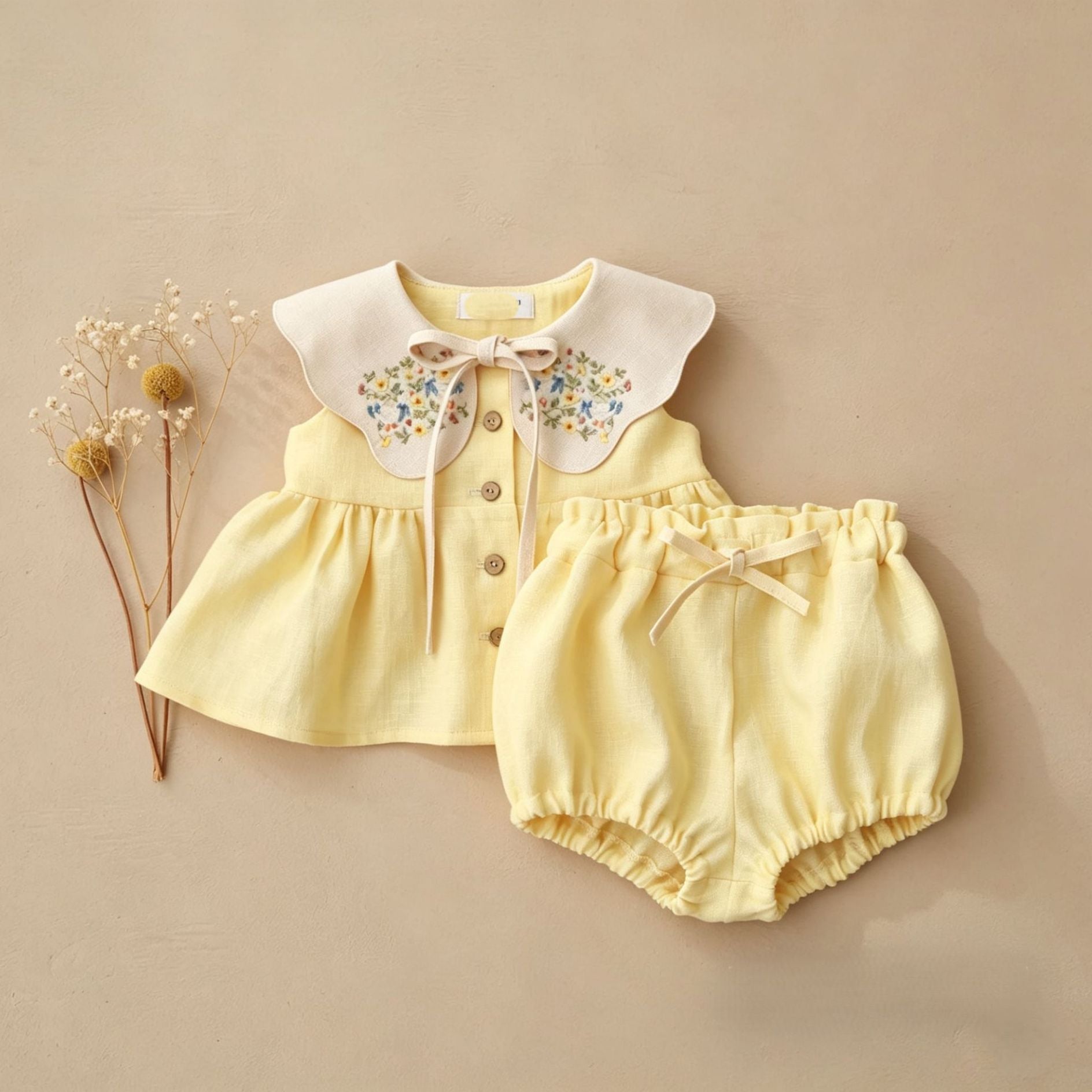 Childrens Sleeveless Embroidered-Neck Top And Shorts Two-Piece Set