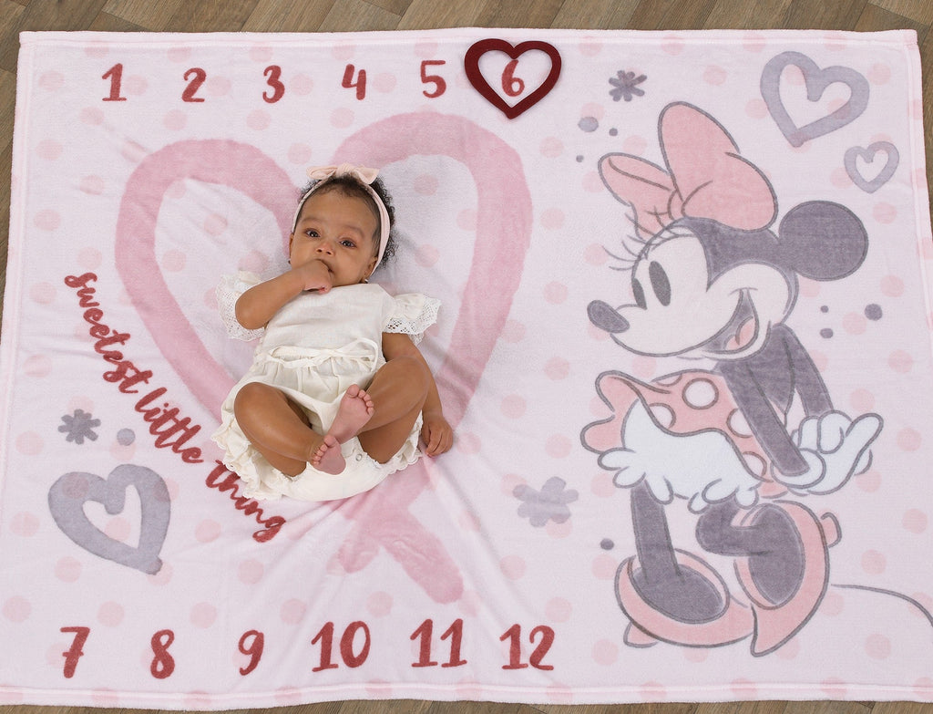 Disney Minnie Mouse Pink, Rose, Black and White Super Soft Milestone Baby Blanket