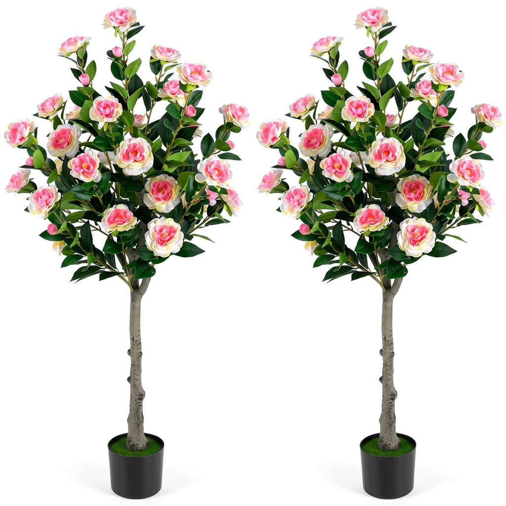 Artificial Camellia Tree with 27 Blossoms in Cement Pot