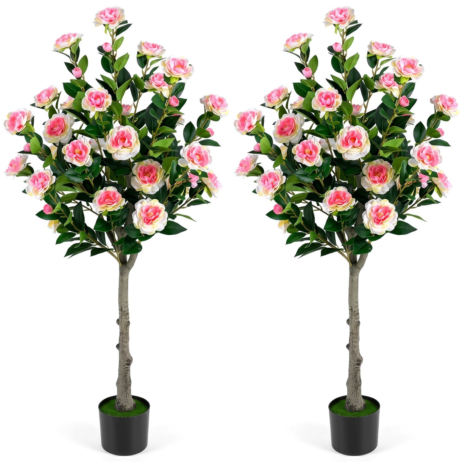 Artificial Camellia Tree with 27 Blossoms in Cement Pot