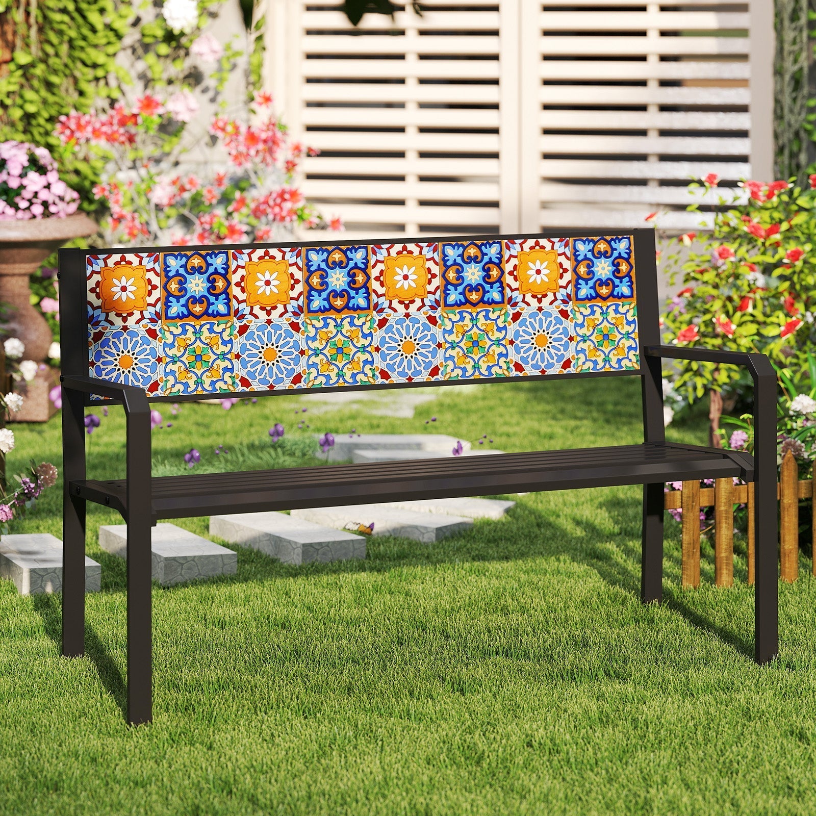 50 Inch Patio Metal Bench Slatted Loveseat for 2-3 People with Mosaic Backrest-Black