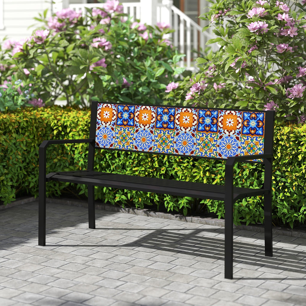 50 Inch Patio Metal Bench Slatted Loveseat for 2-3 People with Mosaic Backrest-Black