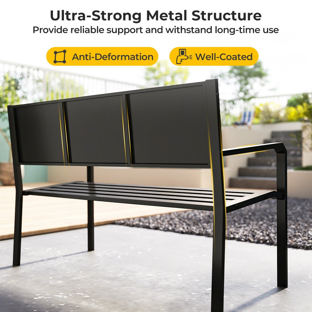50 Inch Patio Metal Bench Slatted Loveseat for 2-3 People with Mosaic Backrest-Black