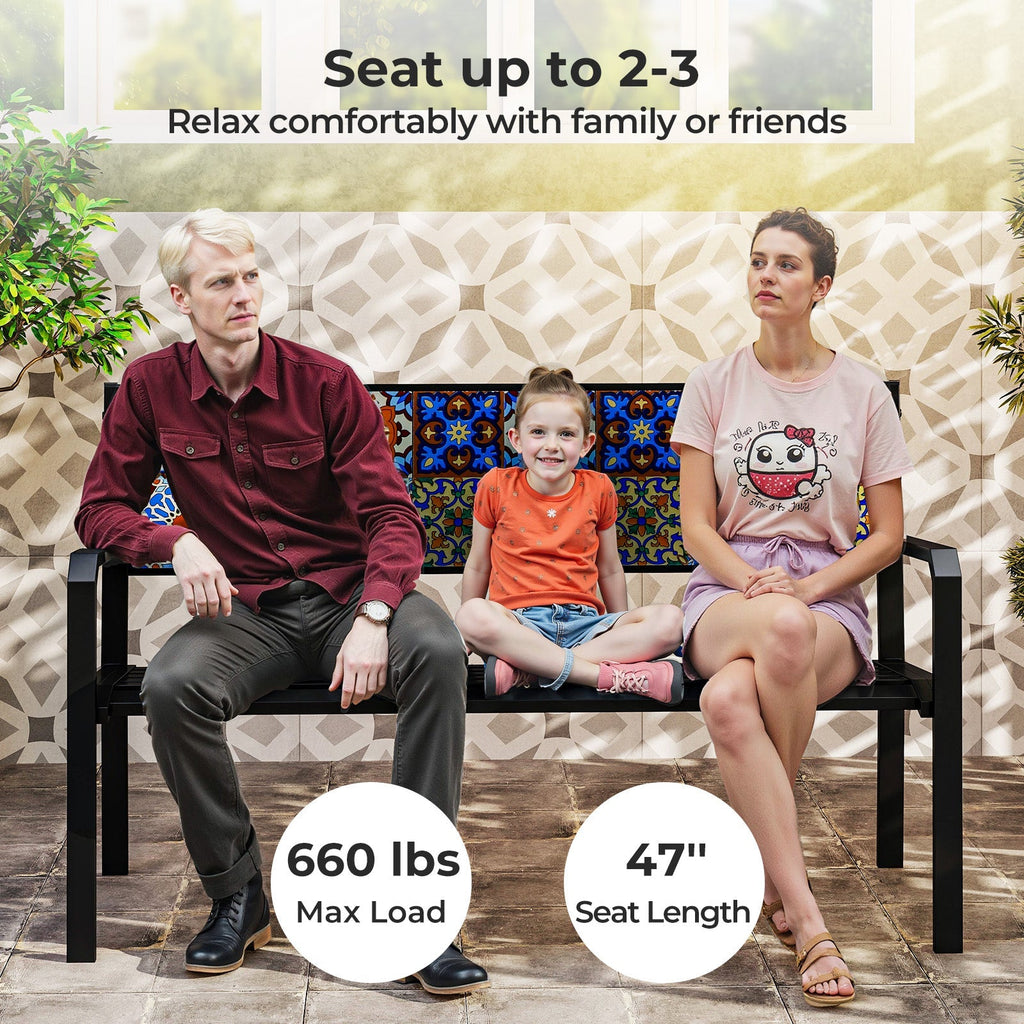 50 Inch Patio Metal Bench Slatted Loveseat for 2-3 People with Mosaic Backrest-Black