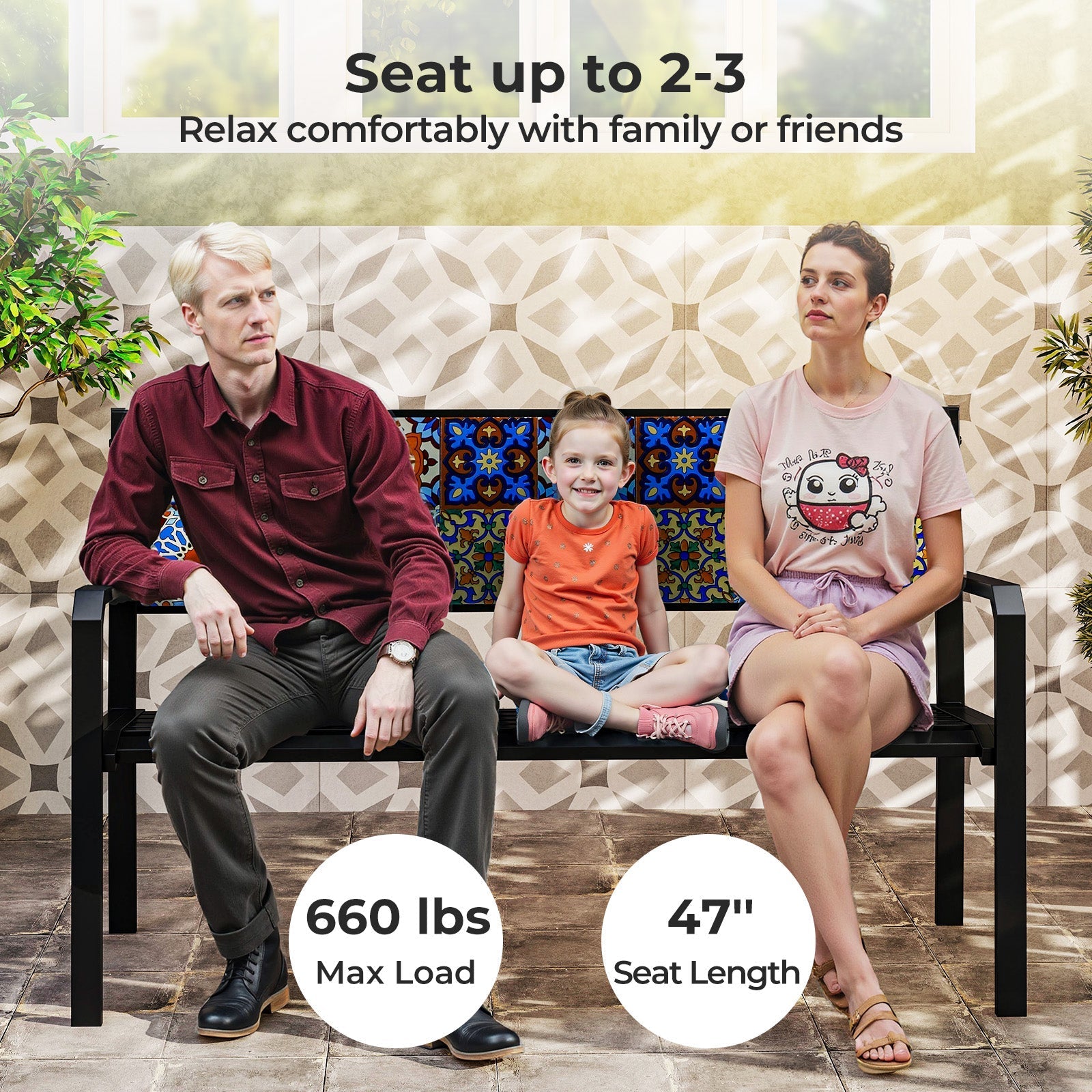 50 Inch Patio Metal Bench Slatted Loveseat for 2-3 People with Mosaic Backrest-Black