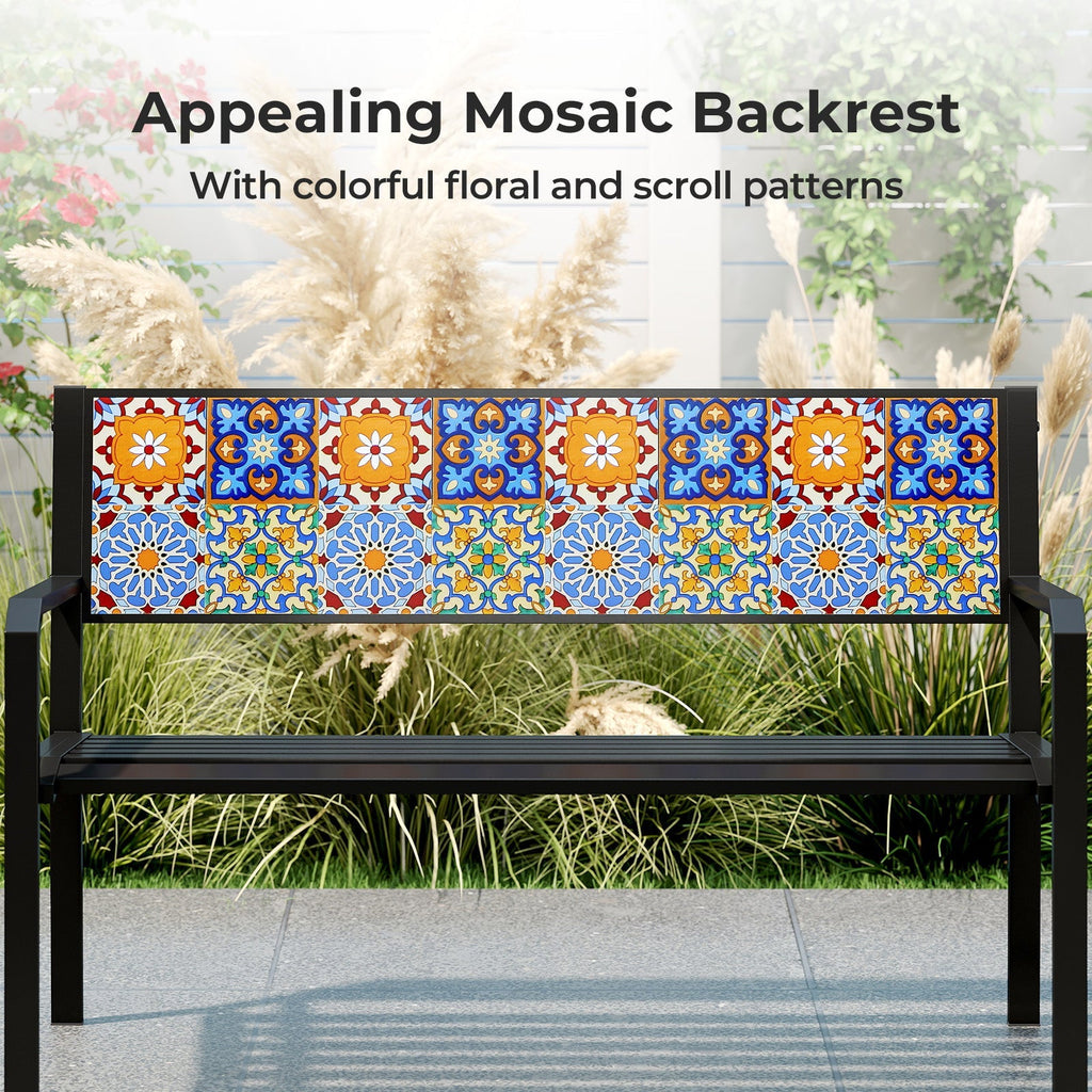 50 Inch Patio Metal Bench Slatted Loveseat for 2-3 People with Mosaic Backrest-Black