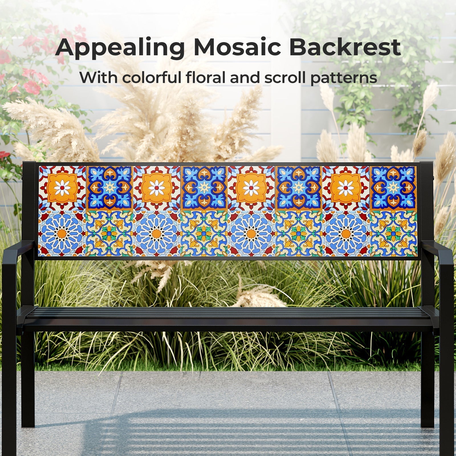 50 Inch Patio Metal Bench Slatted Loveseat for 2-3 People with Mosaic Backrest-Black