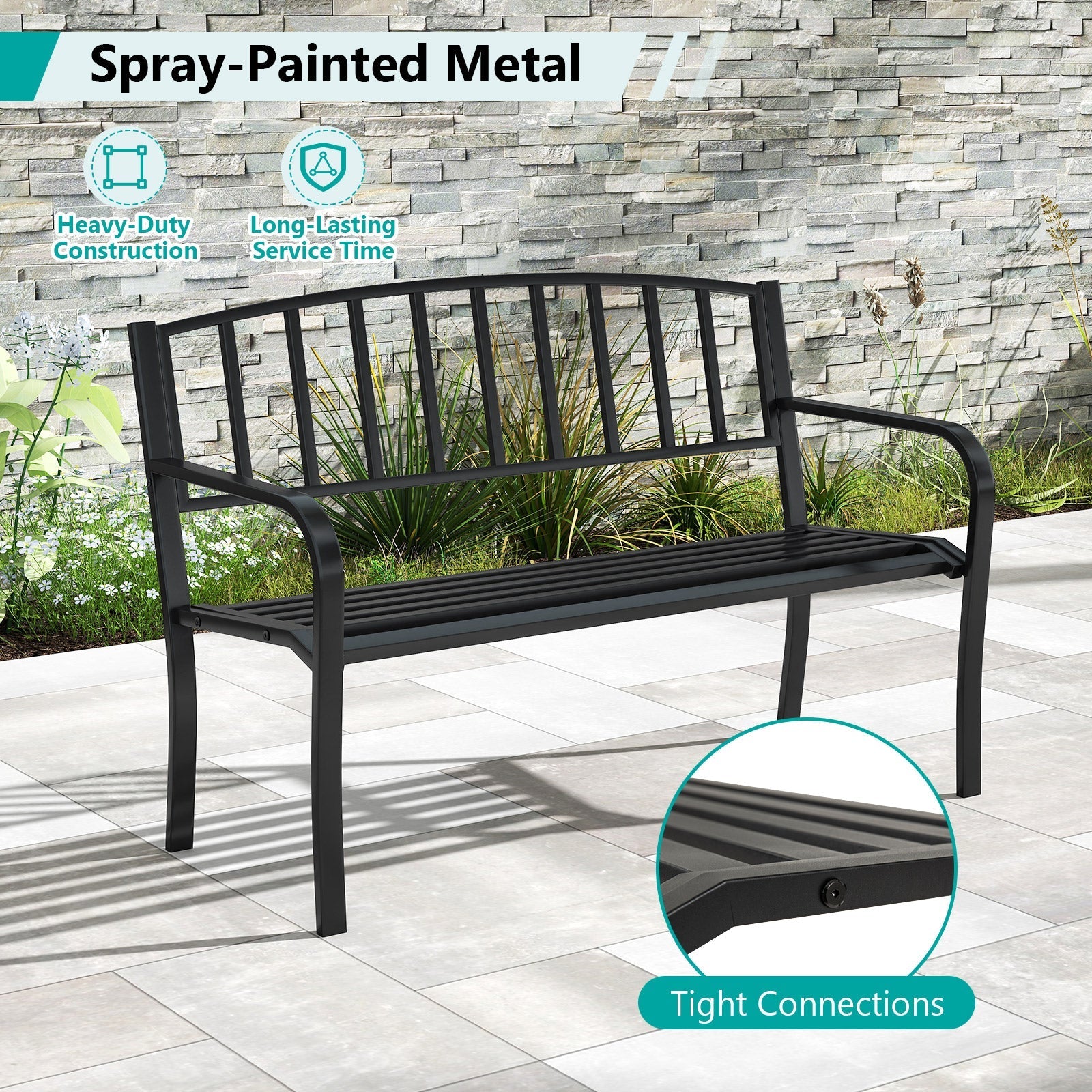 50 Inches Outdoor Garden Bench with Slatted Backrest and Curved Armrests-Black