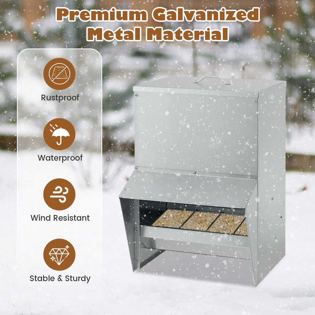Wall Mount Galvanized Chicken Feeder 50 Pounds Capacity-Silver