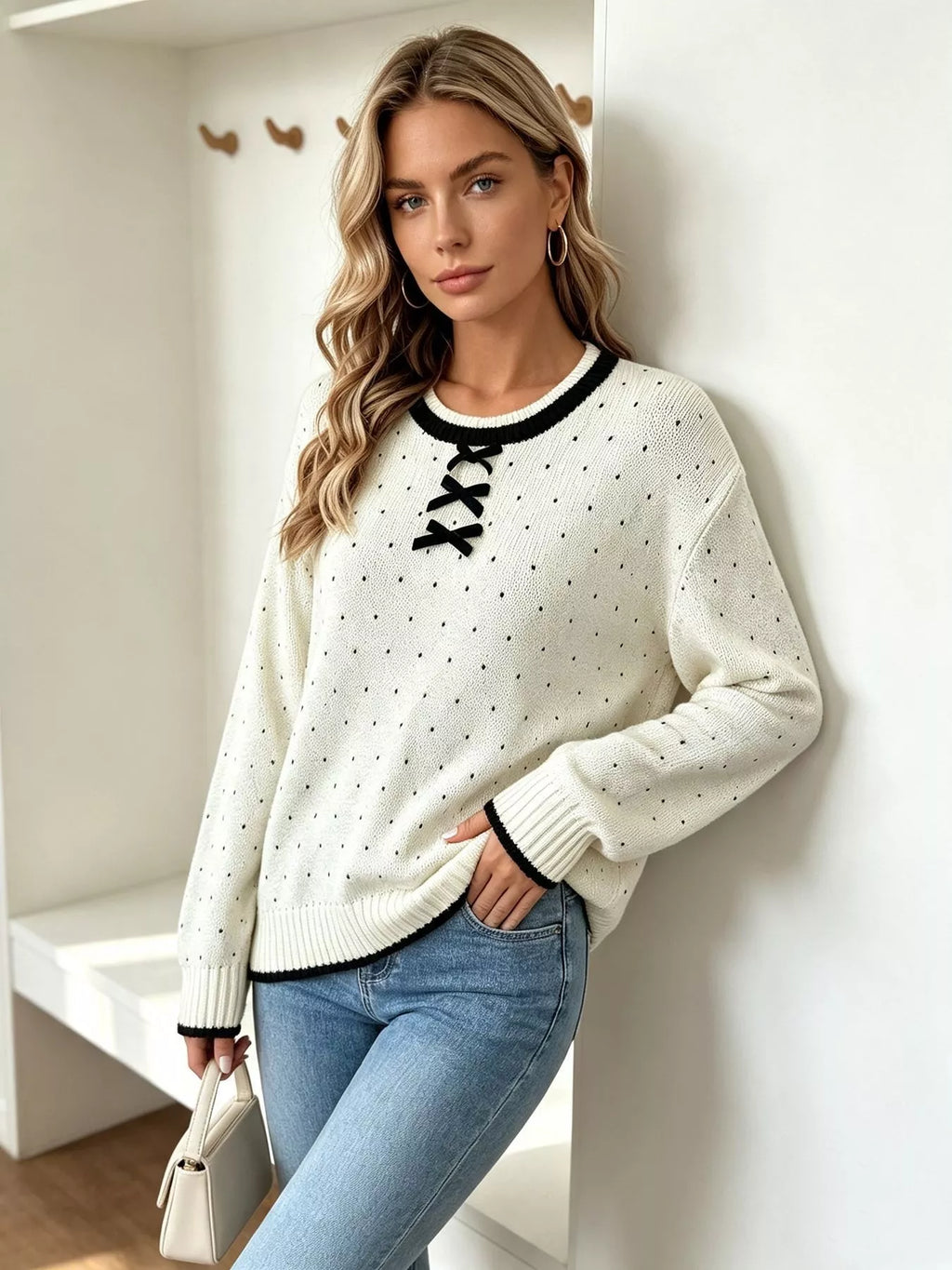 Polka Dot Lace-Up Detail Sweater