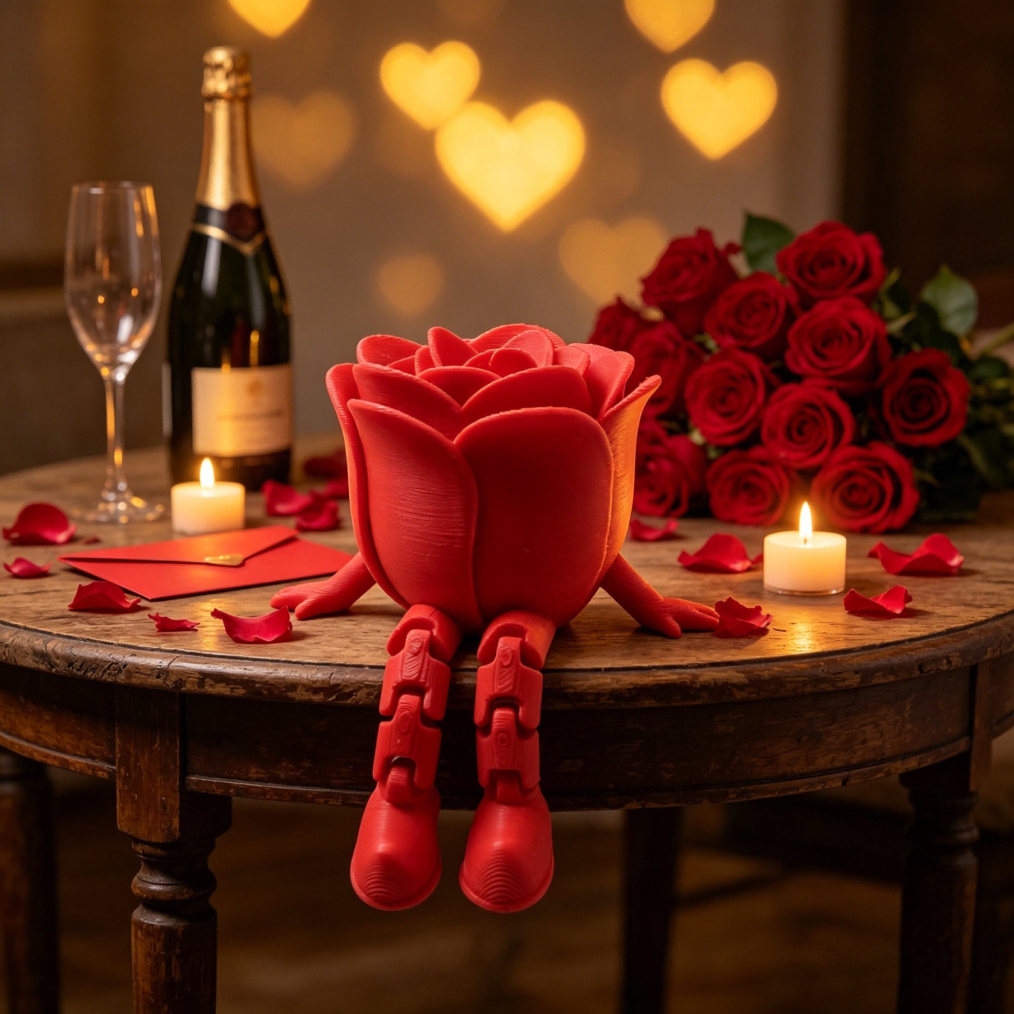 Cute 3D Printed Rose Sitting Figurine, Red Flower Character With Articulated Chunky Legs, Romantic Desk Ornament Gift For Her