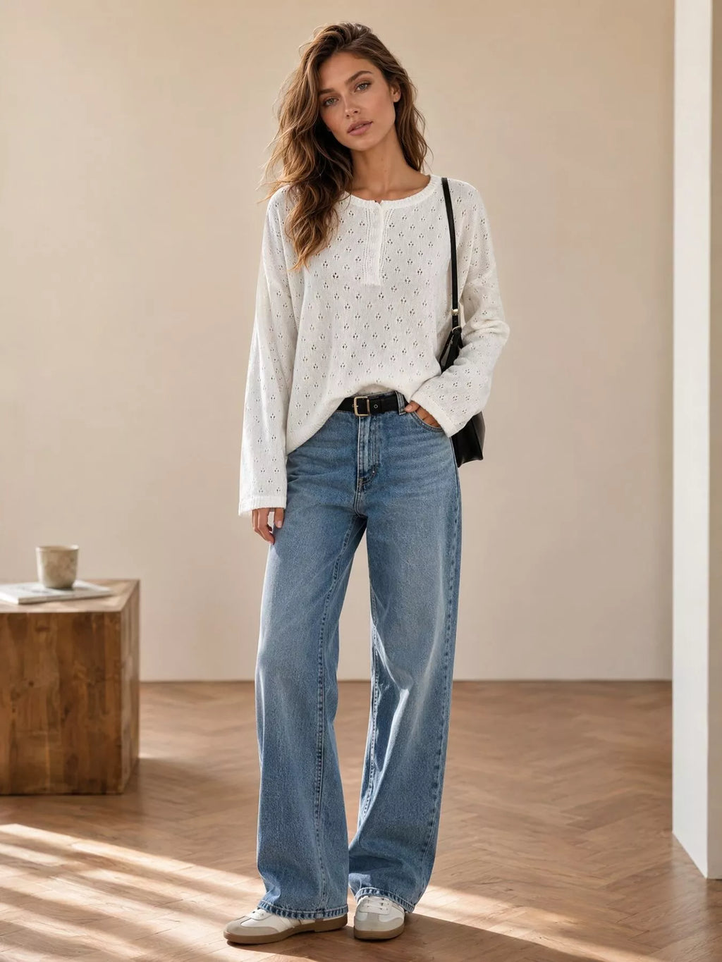 Pointelle Button-Front Round Neck Knit Top