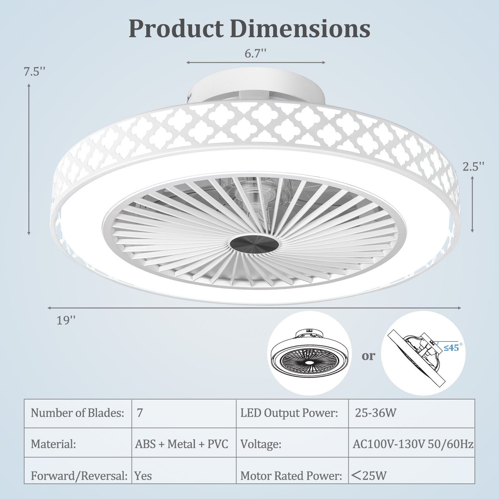 19 Inch Ceiling Fan with Light Low Profile Flush Mount Fan-White