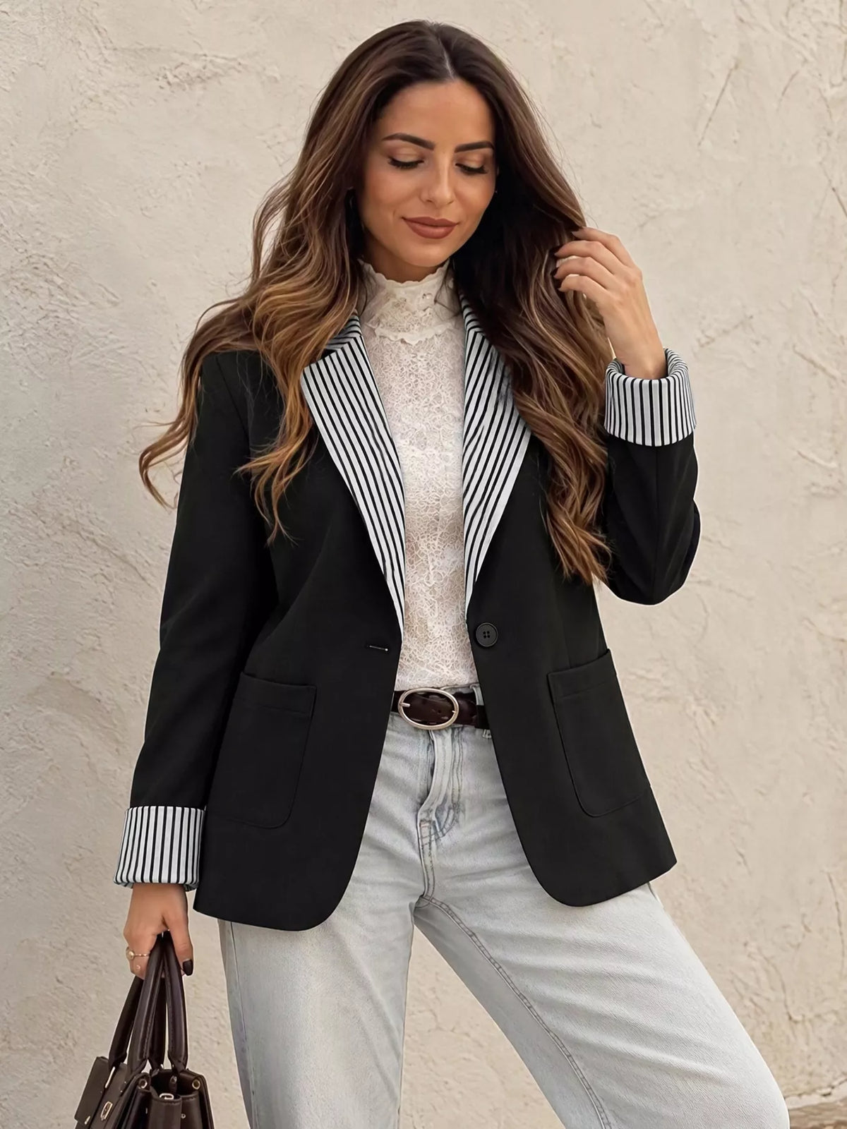 Contrast Striped Lapel Collar Blazer