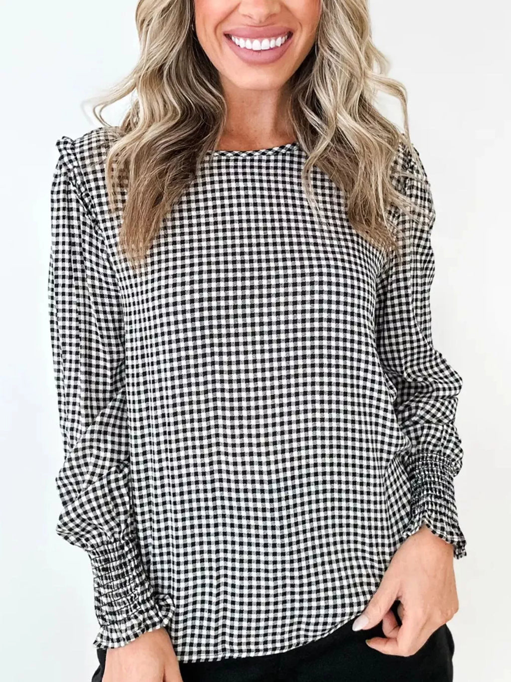 Plaid Shirred Cuff Long Sleeve Round Neck Blouse