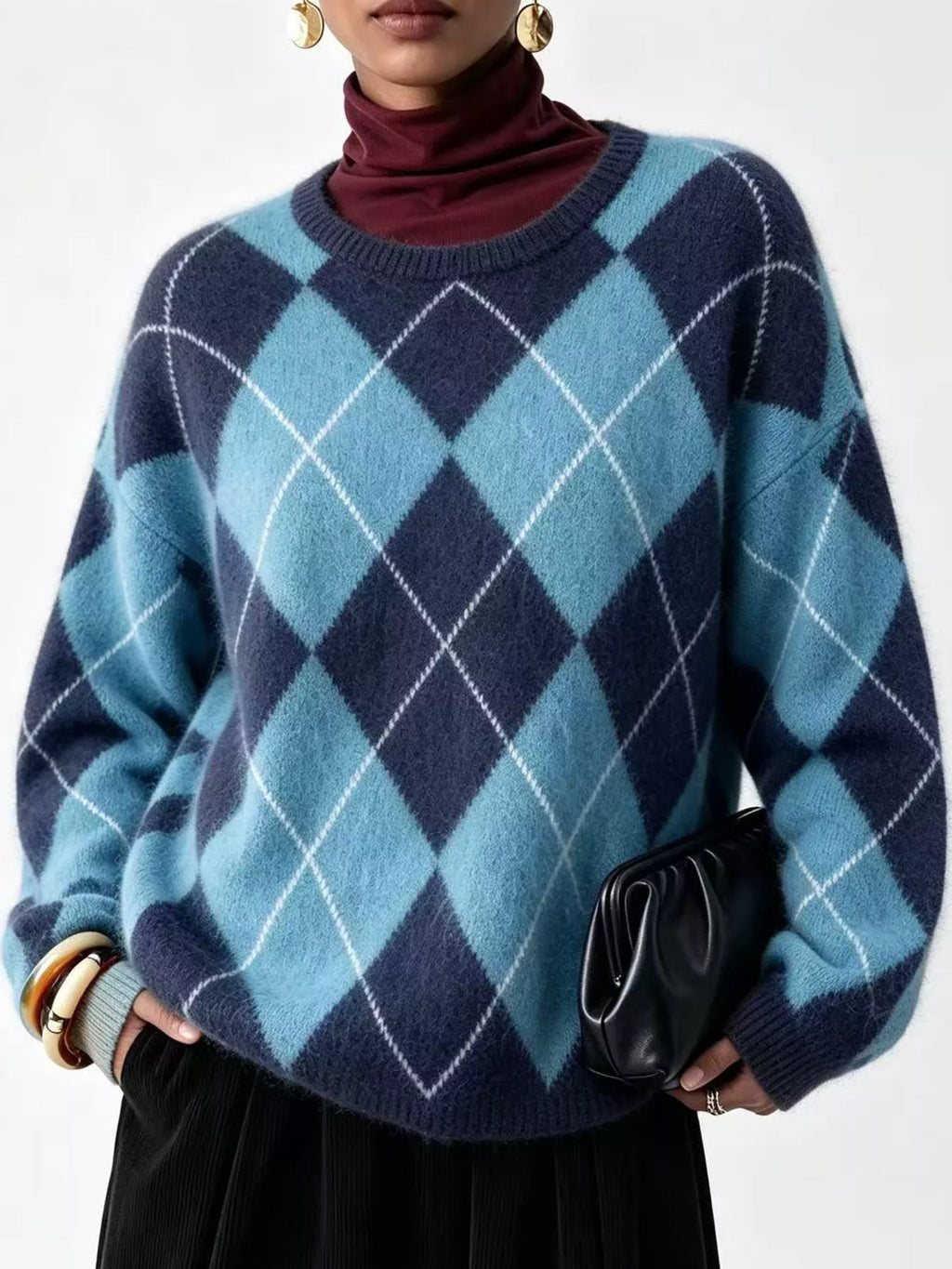 Argyle Pattern Fuzzy Knit Sweater