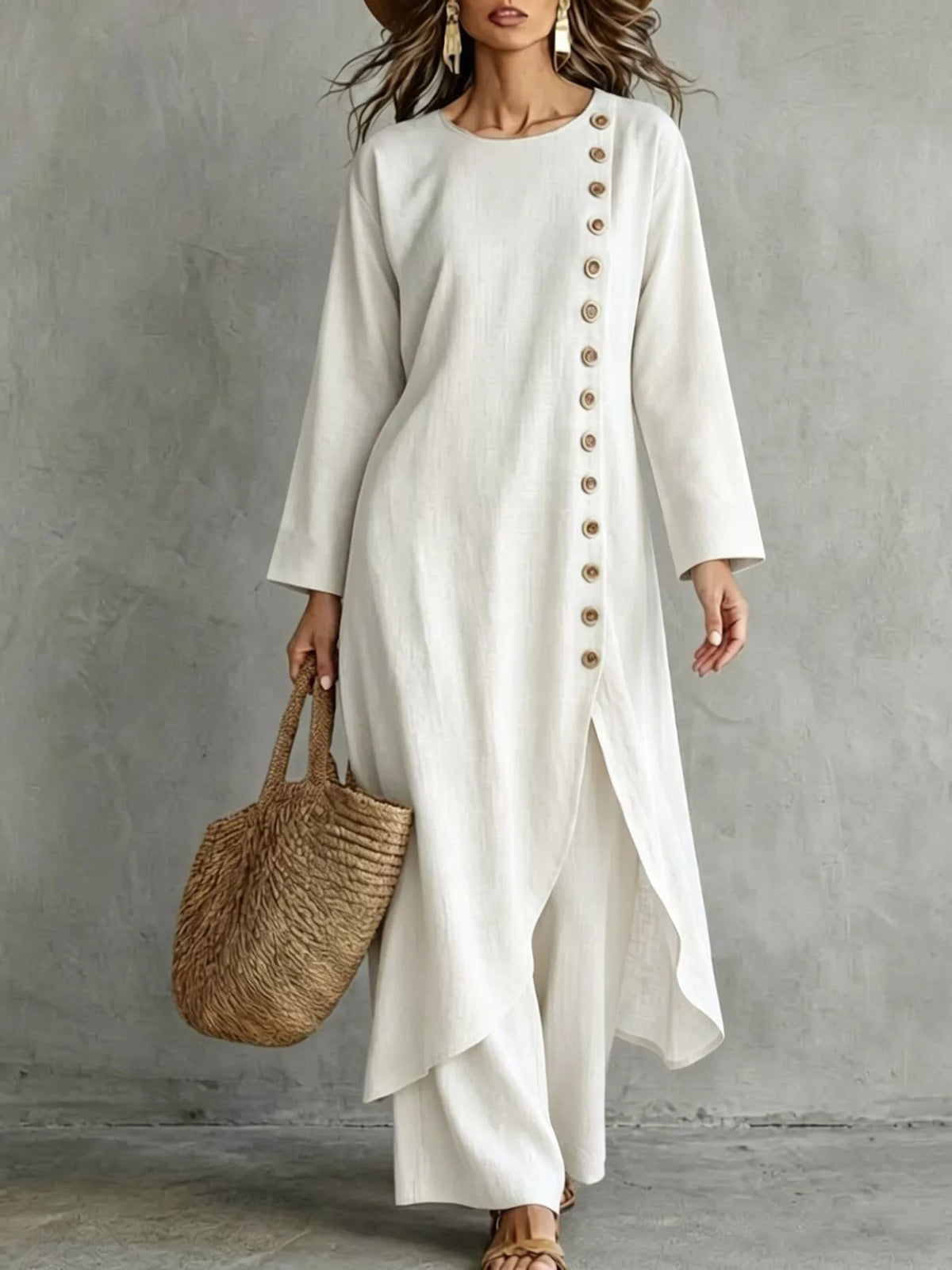 Full Size Side-Buttoned Longline Top and Pants Set Plus Size