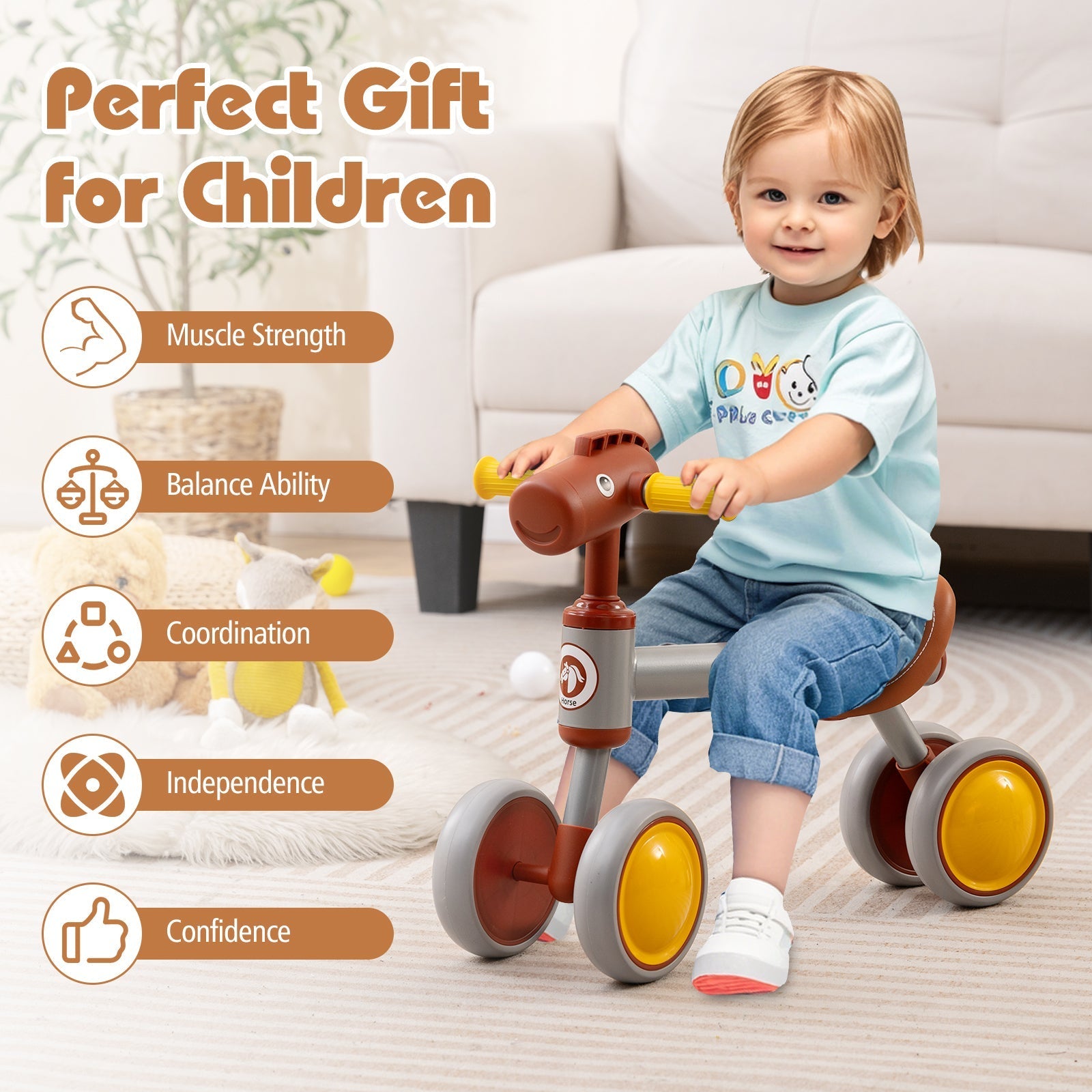 Baby Balance Bike No Pedal 4-Wheel Bicycle-Brown