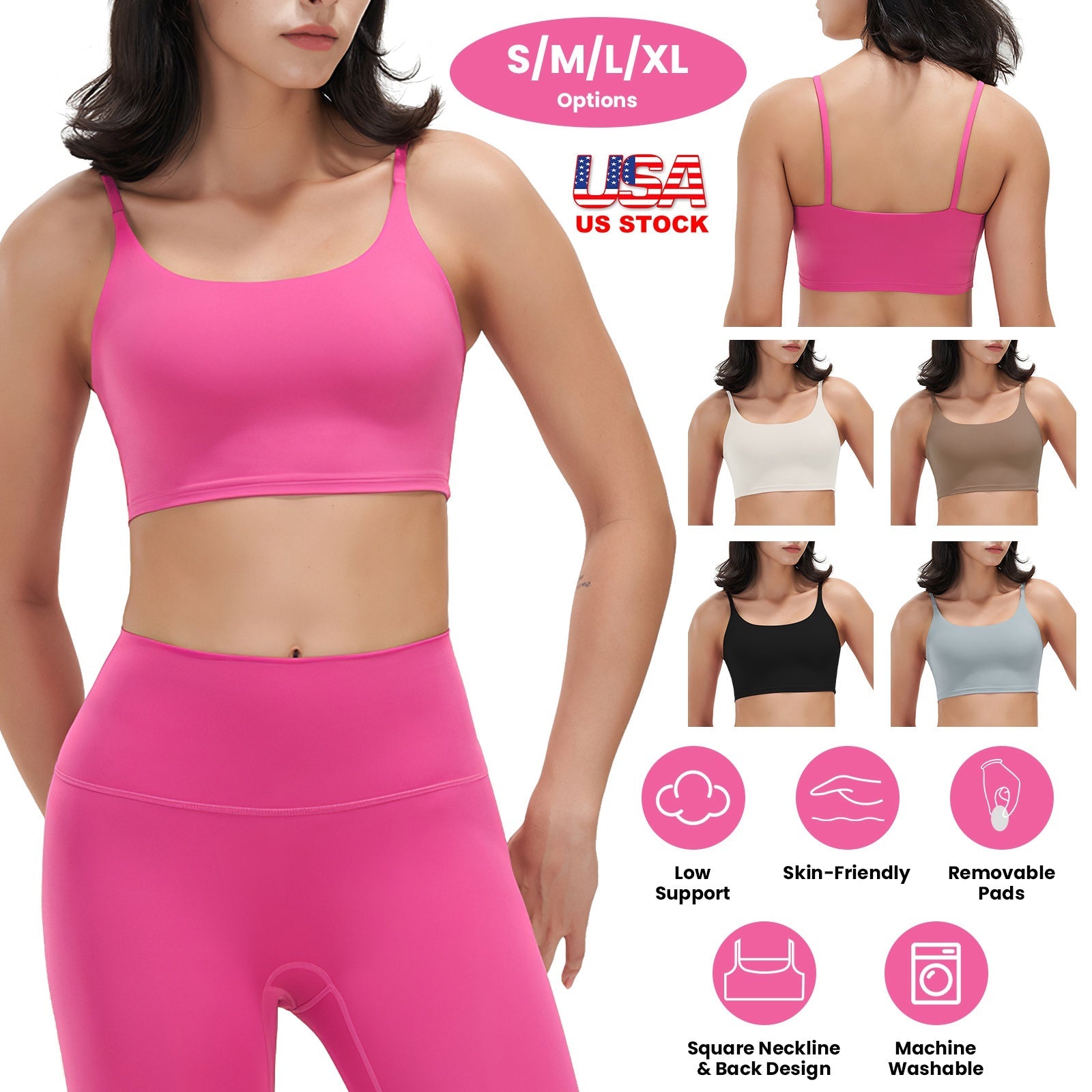 Women Sport Bras with Removable Pads, Low-Impact Square Neck