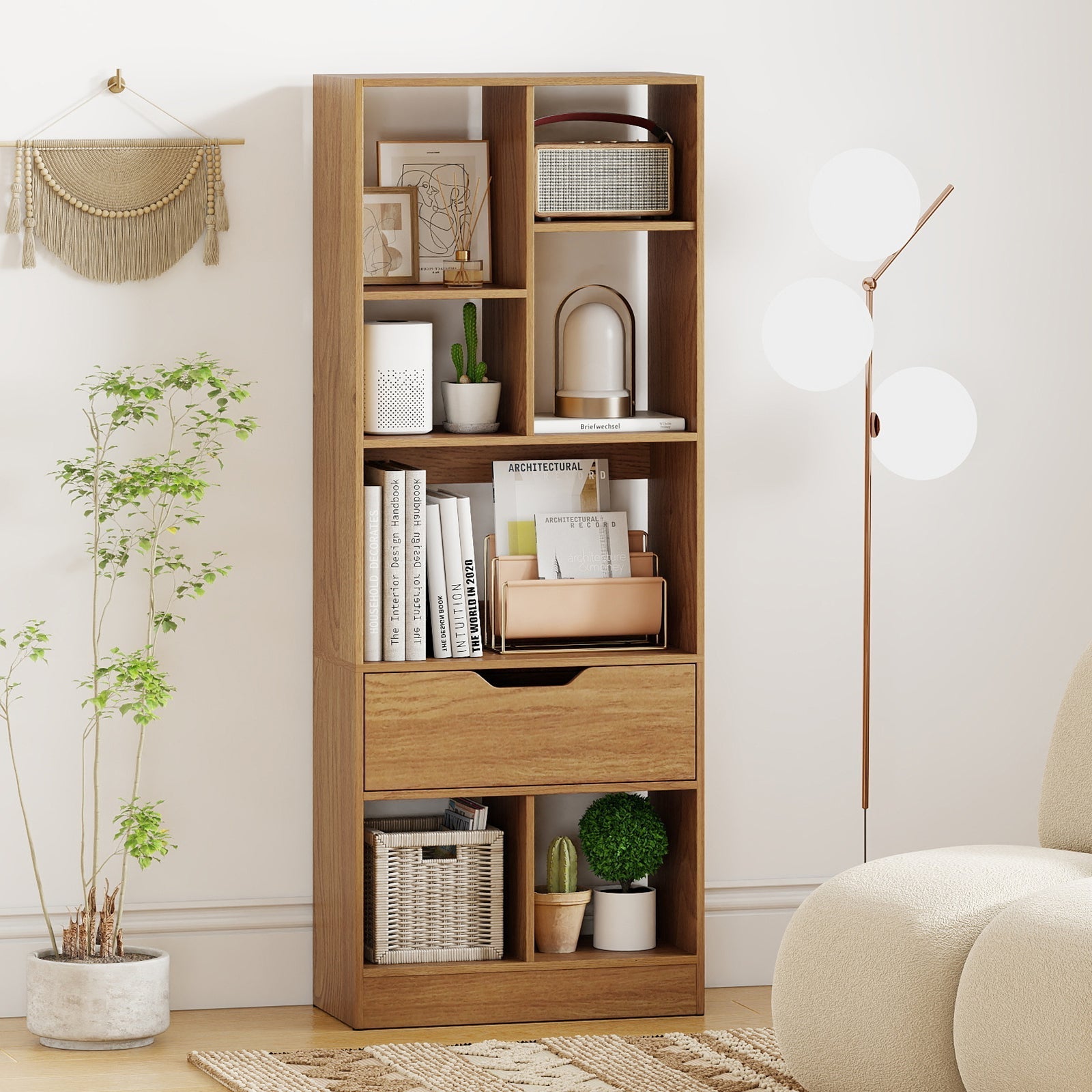 51inch Tall Freestanding Bookcase with Drawer 7-Cube Storage Organizer