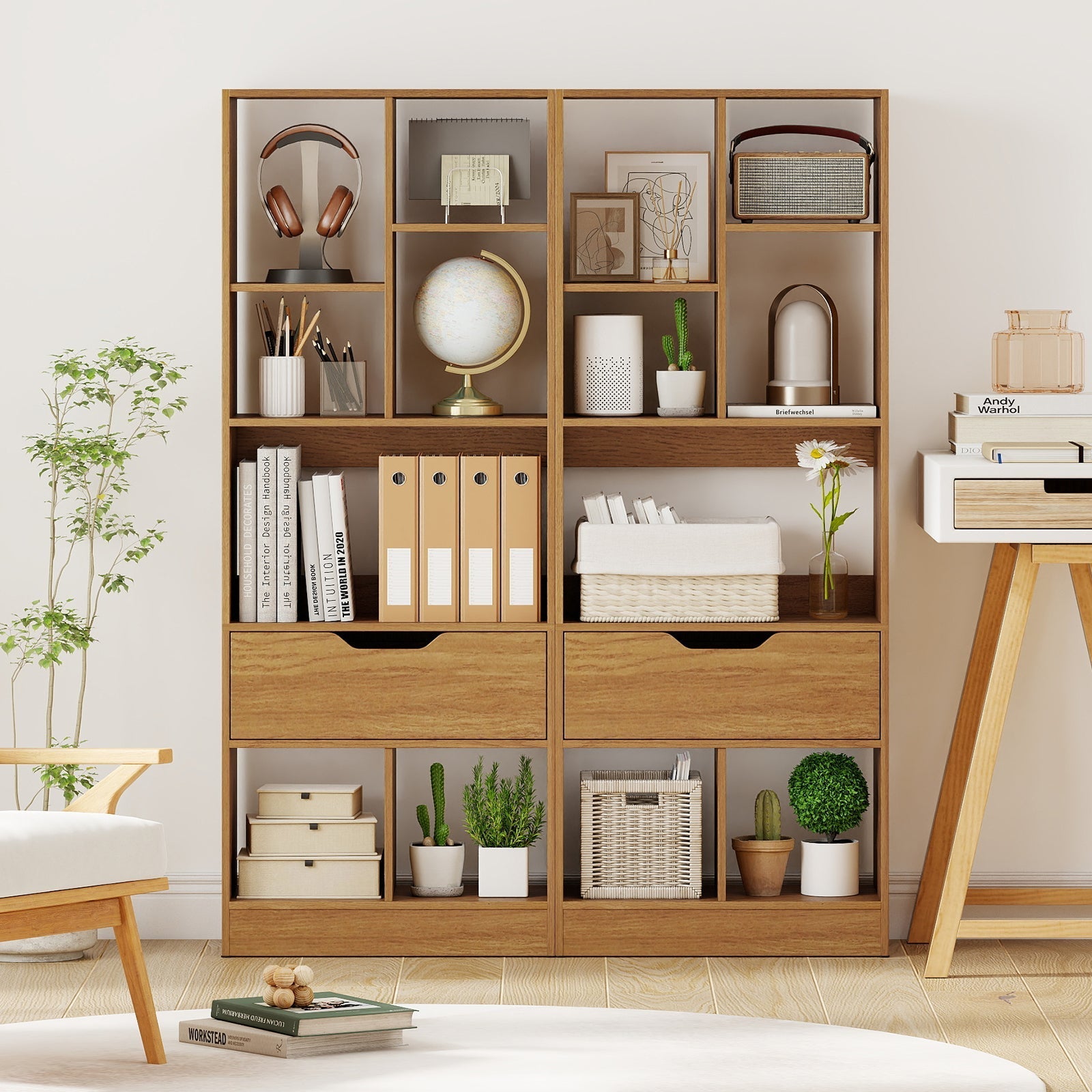 51inch Tall Freestanding Bookcase with Drawer 7-Cube Storage Organizer