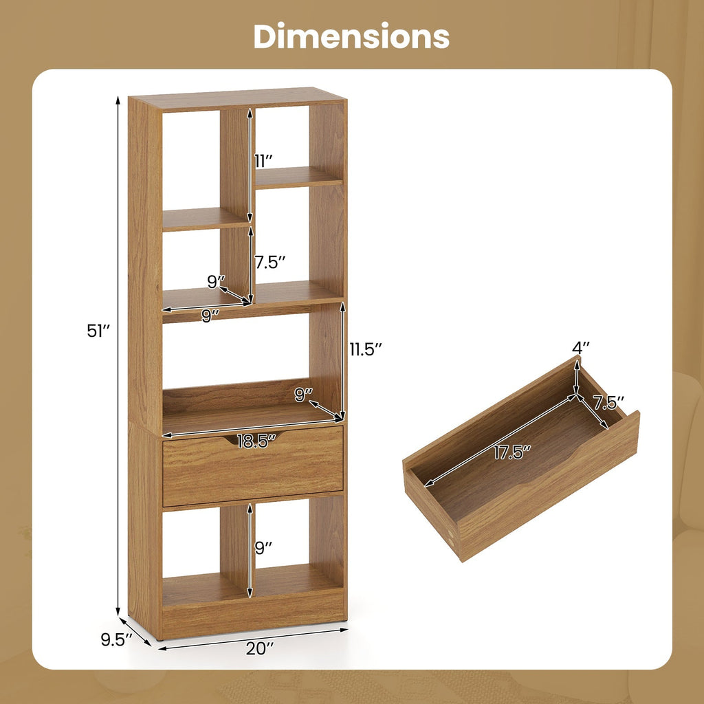 51inch Tall Freestanding Bookcase with Drawer 7-Cube Storage Organizer