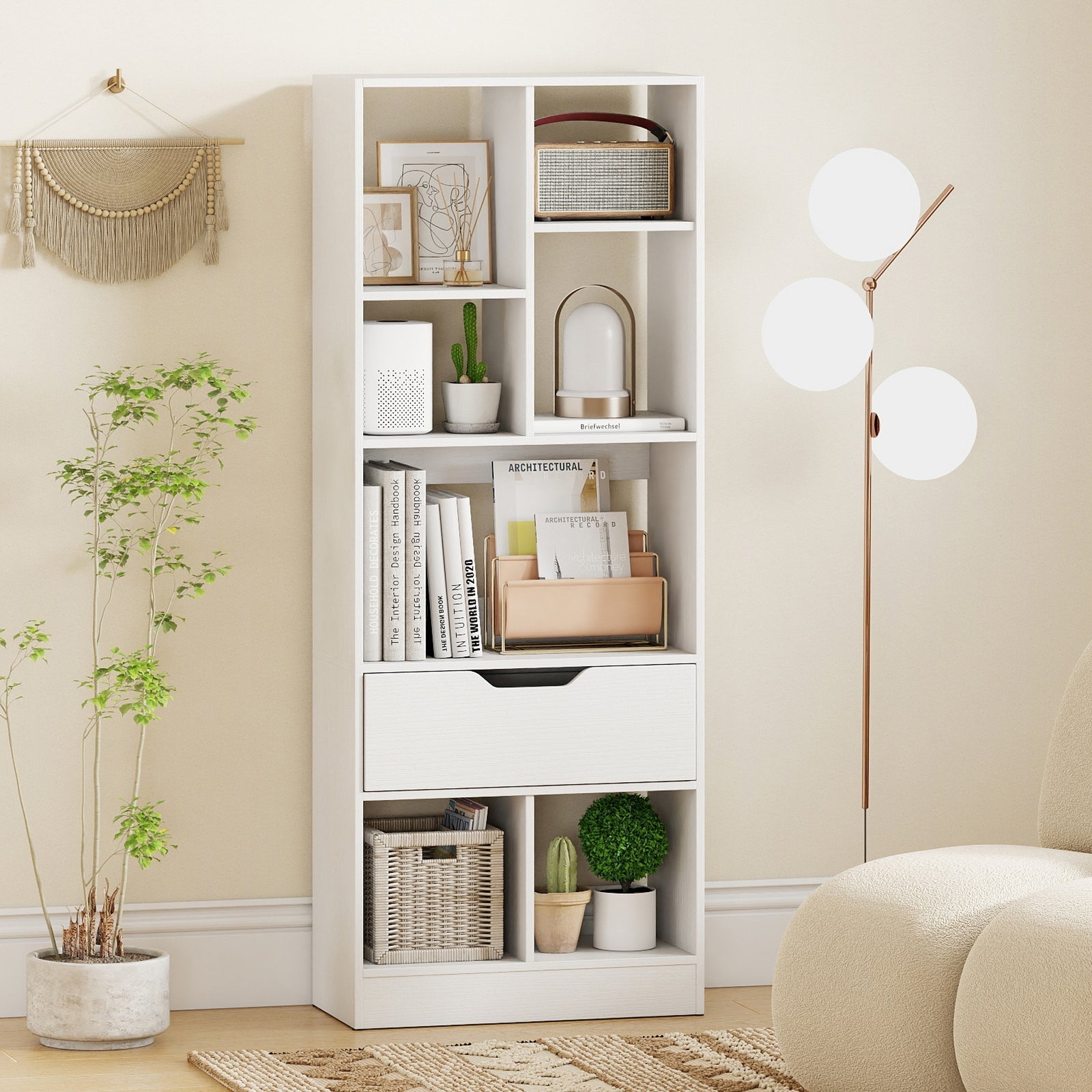 51inch Tall Freestanding Bookcase with Drawer 7-Cube Storage Organizer