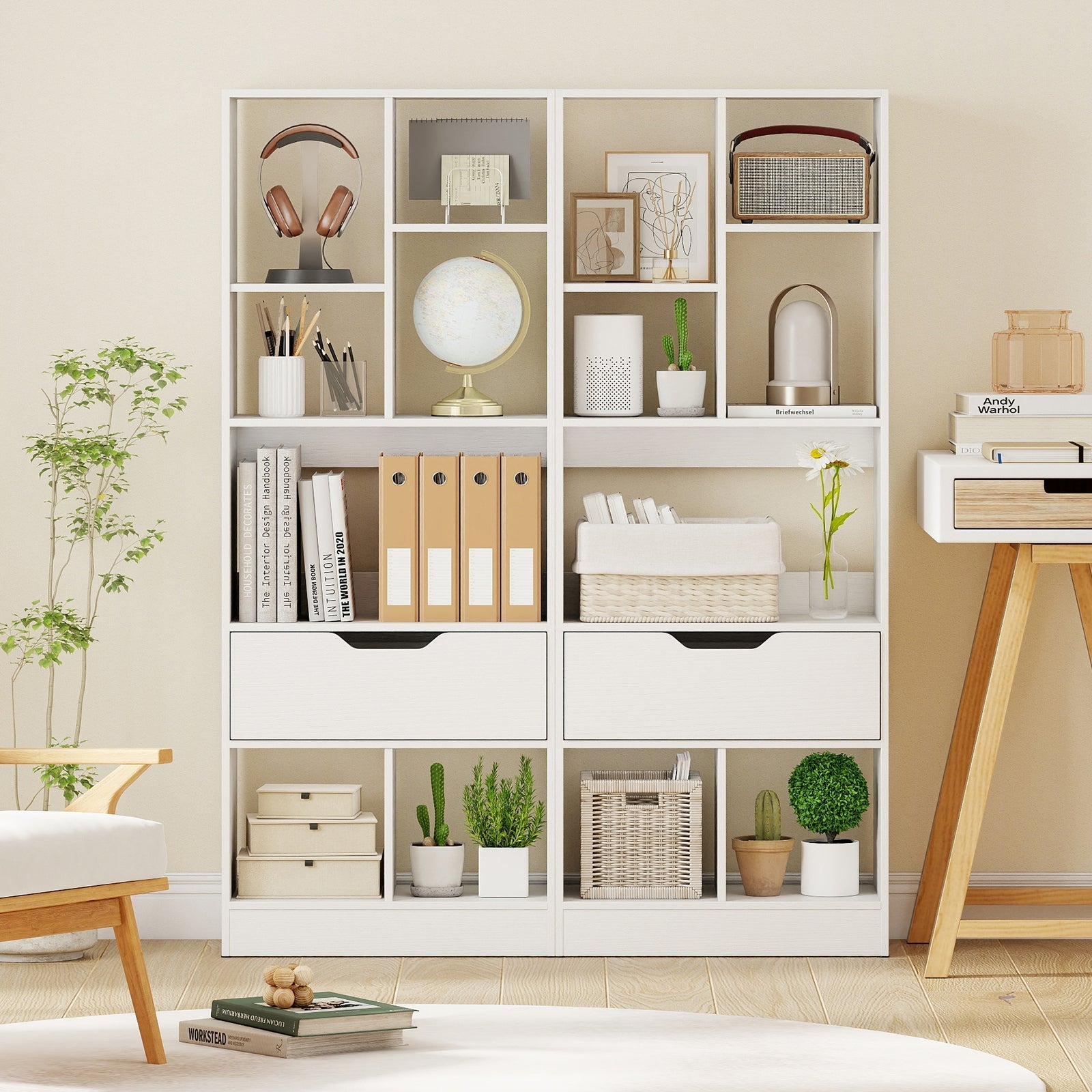 51inch Tall Freestanding Bookcase with Drawer 7-Cube Storage Organizer
