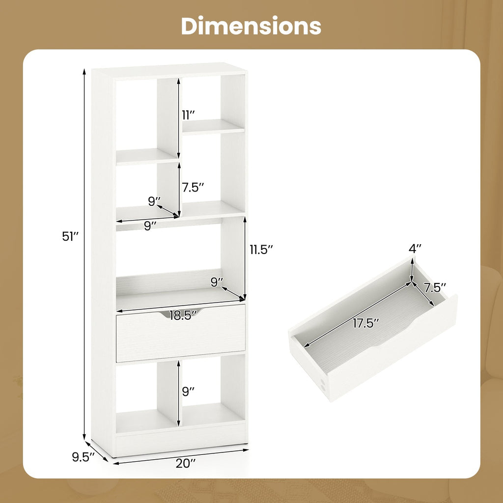 51inch Tall Freestanding Bookcase with Drawer 7-Cube Storage Organizer