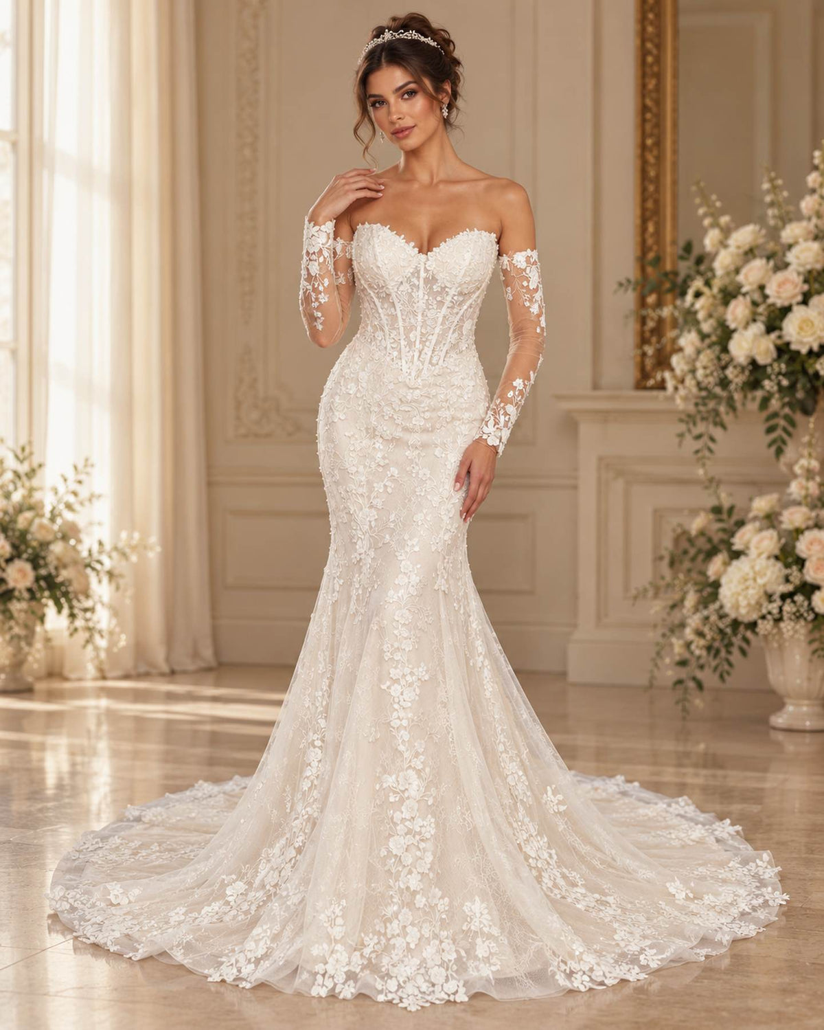 Deklaire Bridal 522 Beaded Lace Mermaid Wedding Dress with Sweetheart Neckline & Detachable Sleeves