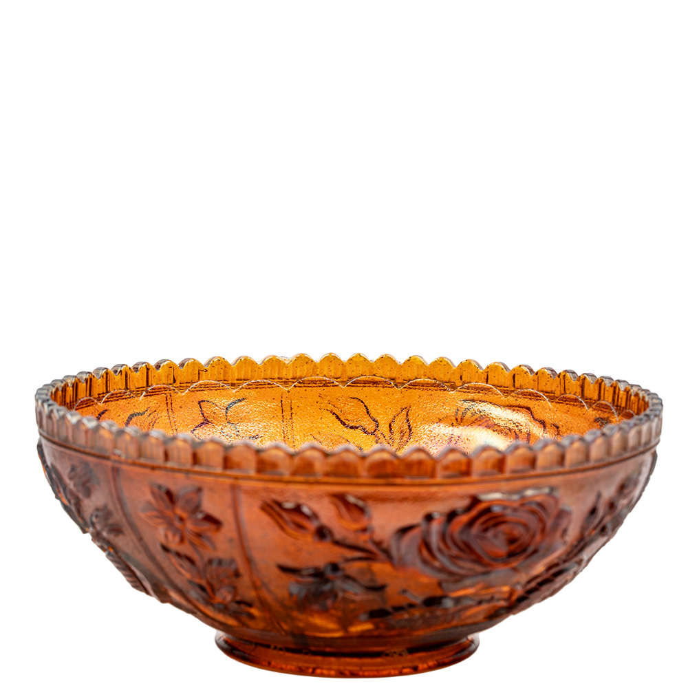 Imperial Marigold Open Rose Carnival Glass Bowl – Sawtooth Rim Design