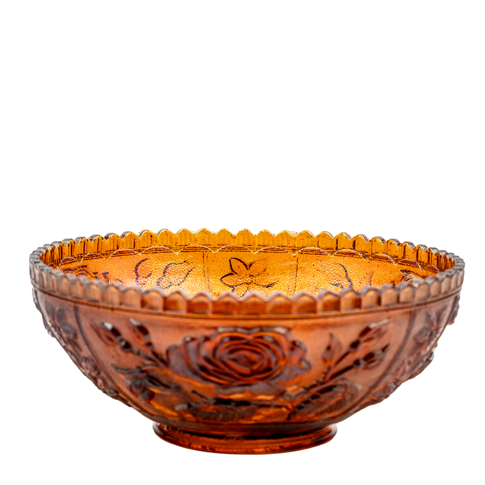 Imperial Marigold Open Rose Carnival Glass Bowl – Sawtooth Rim Design