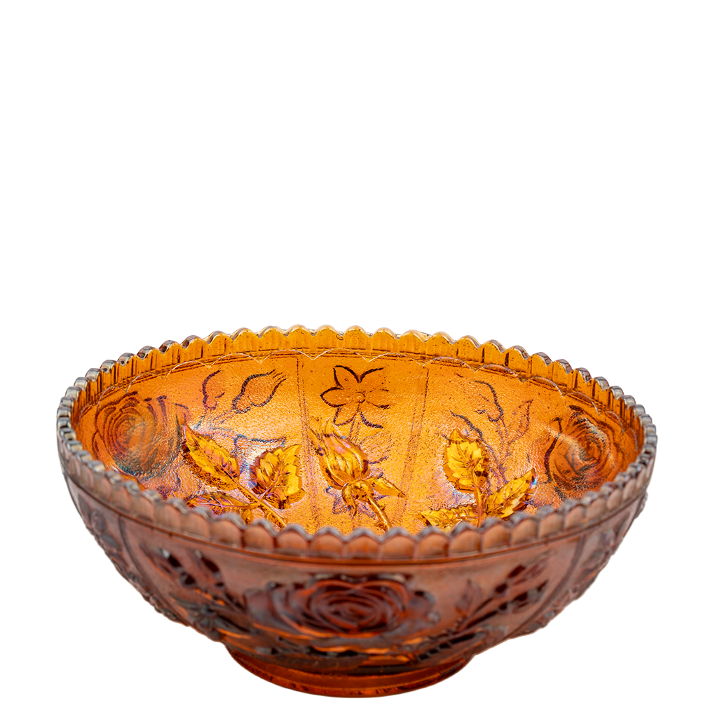 Imperial Marigold Open Rose Carnival Glass Bowl – Sawtooth Rim Design