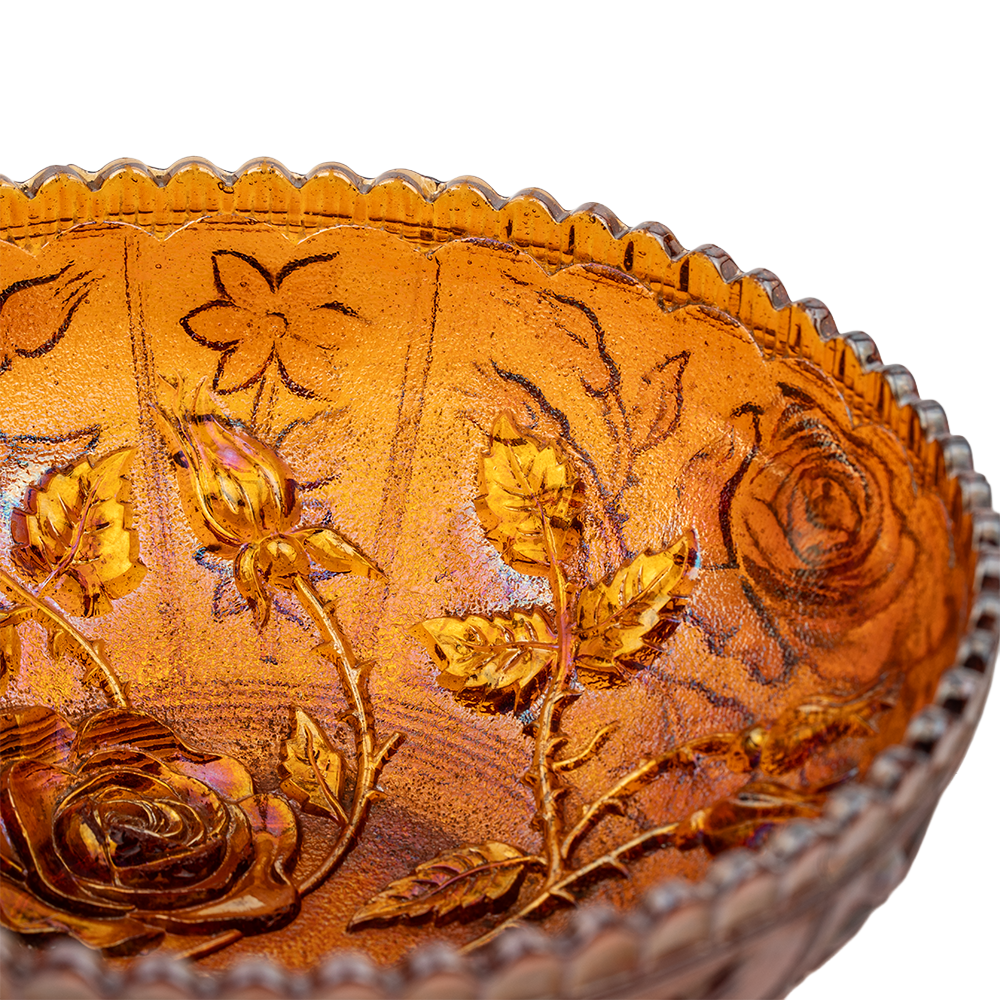 Imperial Marigold Open Rose Carnival Glass Bowl – Sawtooth Rim Design