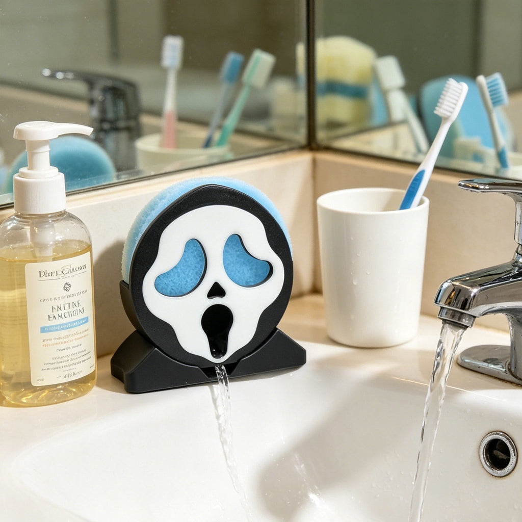 3D Printed Spooky Face Sponge Holder With Drainage Spout, Kitchen Sink Scrubber Organizer, Countertop Dish Sponge Storage Rack For Halloween Home Decor