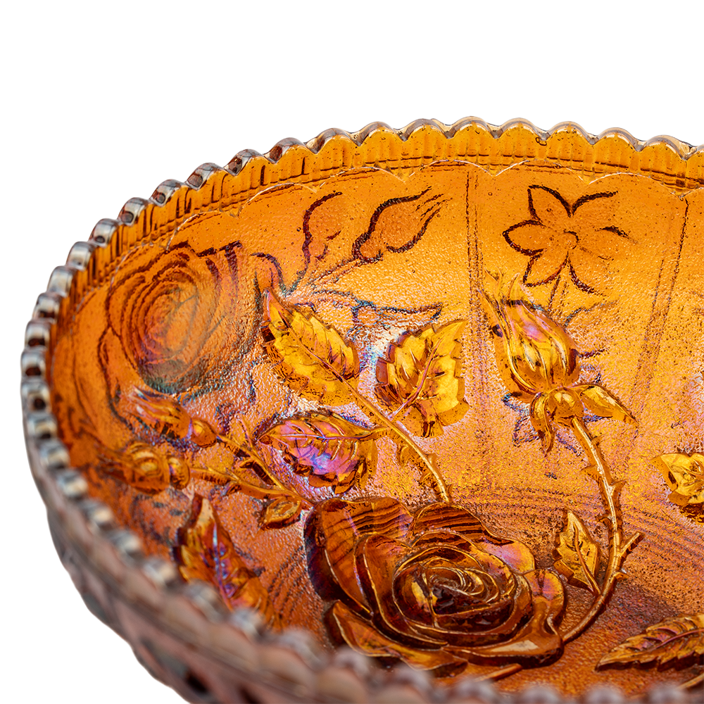 Imperial Marigold Open Rose Carnival Glass Bowl – Sawtooth Rim Design