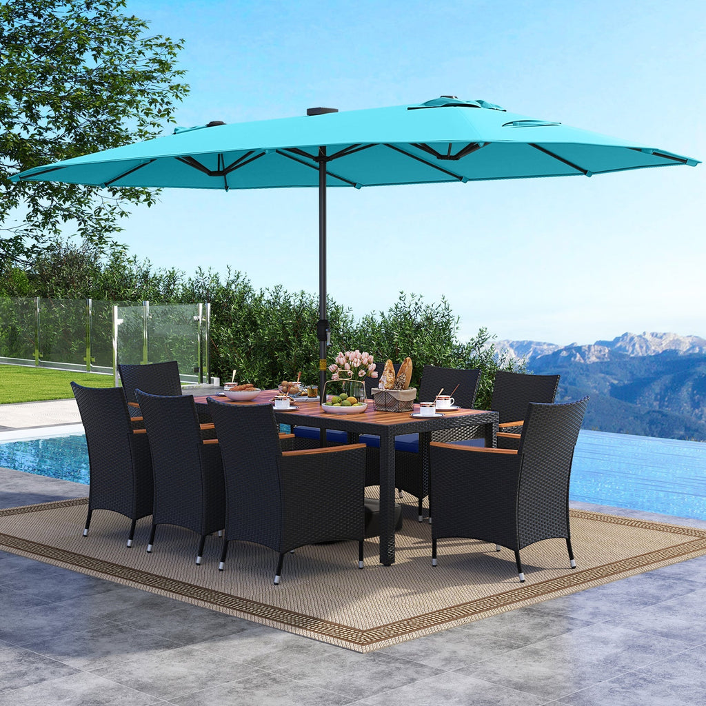 11 Pieces Patio Dining Set with LED Patio Umbrella with Base and Seat Cushions (Navy)