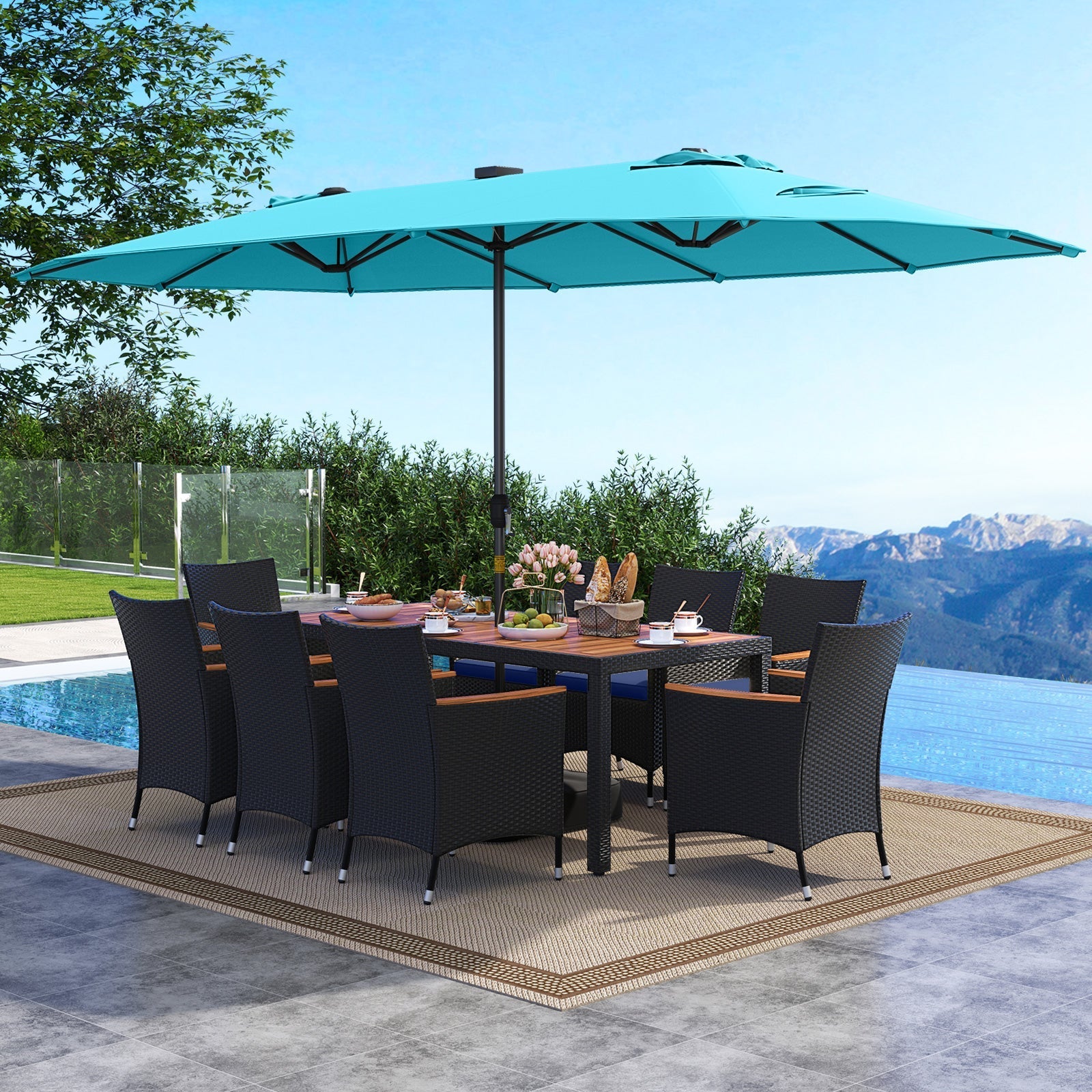11 Pieces Patio Dining Set with LED Patio Umbrella with Base and Seat Cushions (Navy)